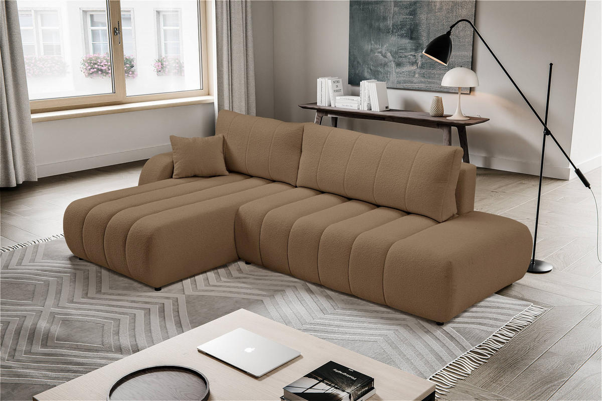 ECKSOFA GIOIA L-S Braun Boucle-Stoff mit Schlaffunktion - Braun, Holz (276/176cm) - MASSENO