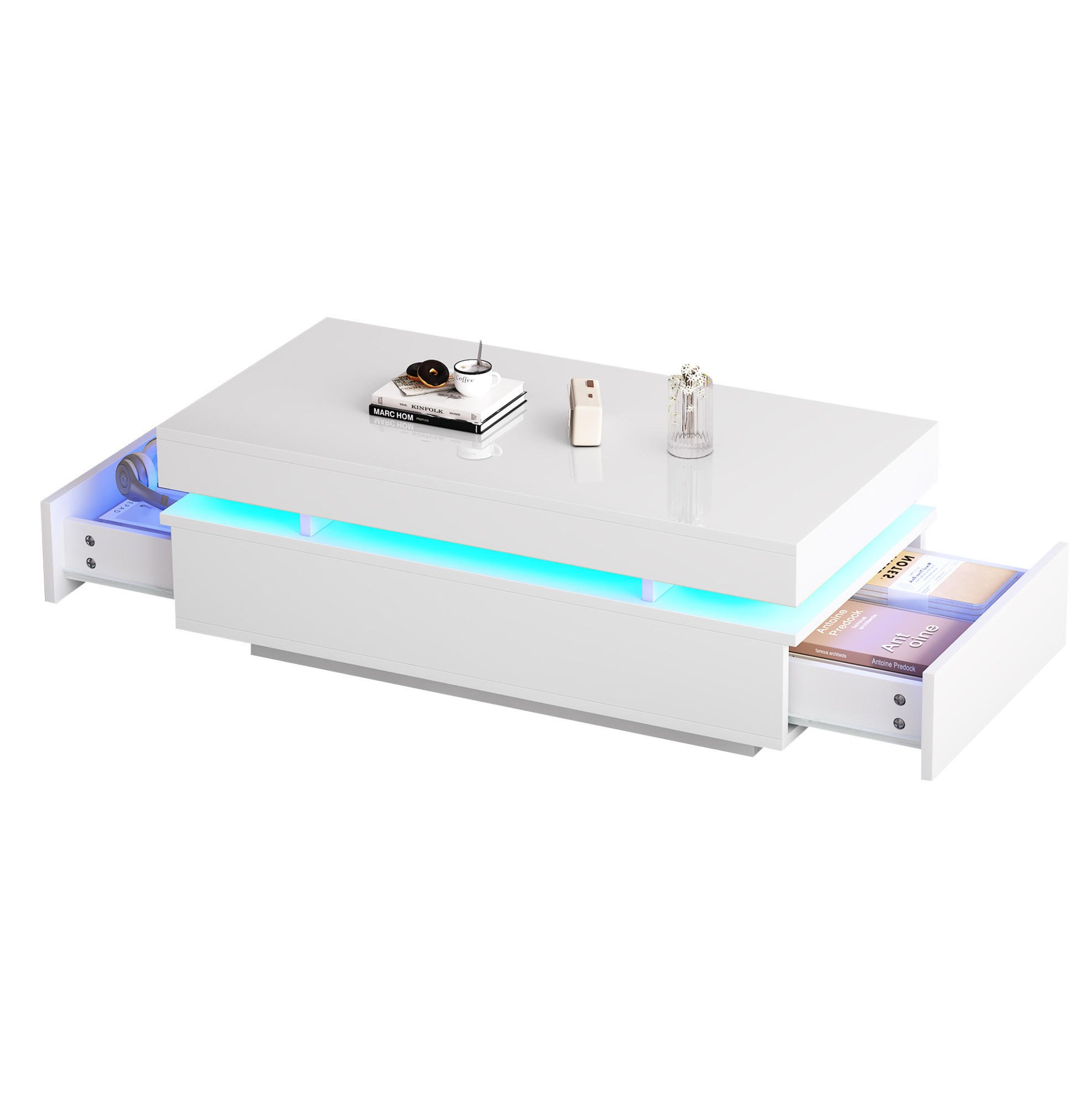 COUCHTISCH 100/50/35 cm mit 2 Schubladen, LED-Beleuchtung und Hochglanz-Oberfläche, Weiß - Weiß, Holzwerkstoff (100/50/35cm) - Redom