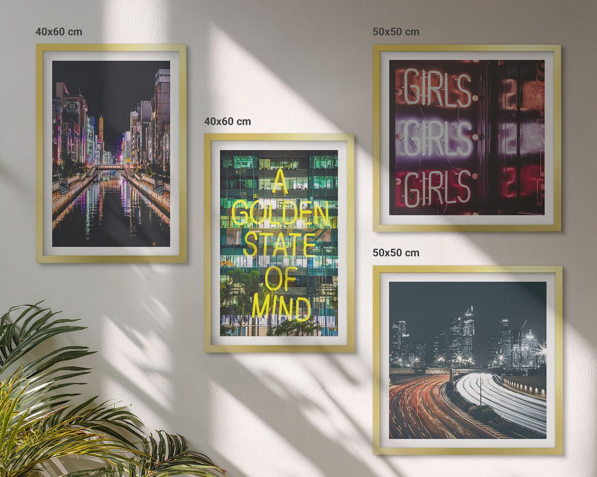 WANDBILDER 4er Set - 50x50 cm & 40x60 cm Goldrahmen - Neonreklamen in der Stadt bei Nacht - Goldfarben, Kunststoff (50/50cm) - ArtPrintCave