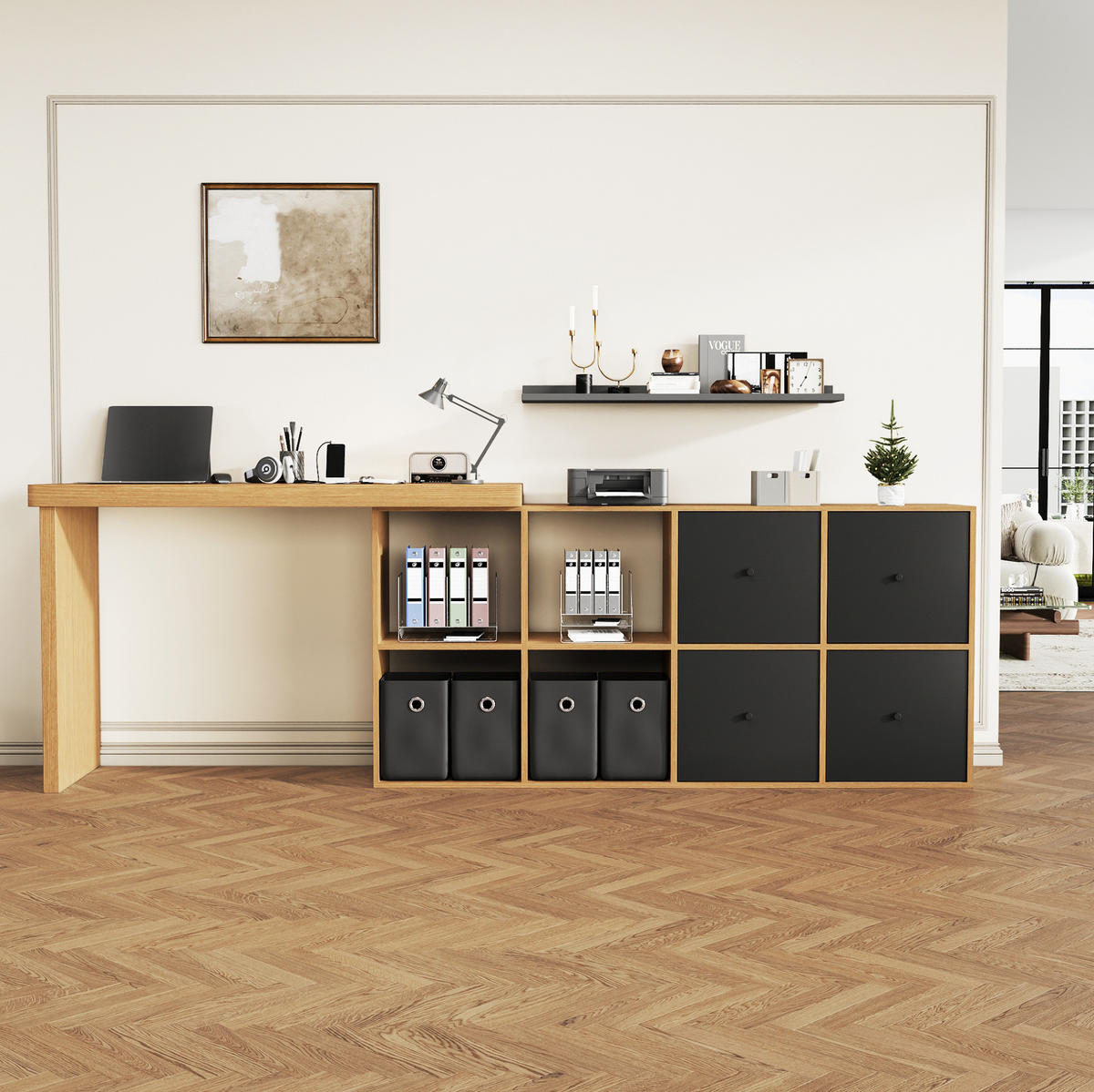 ANRICHTE 120/48/78 cm in Schwarz/Eiche mit 360° Drehfunktion und 8 Fächern - Eichefarben, Holzwerkstoff (140/74/35cm) - Flora Grace