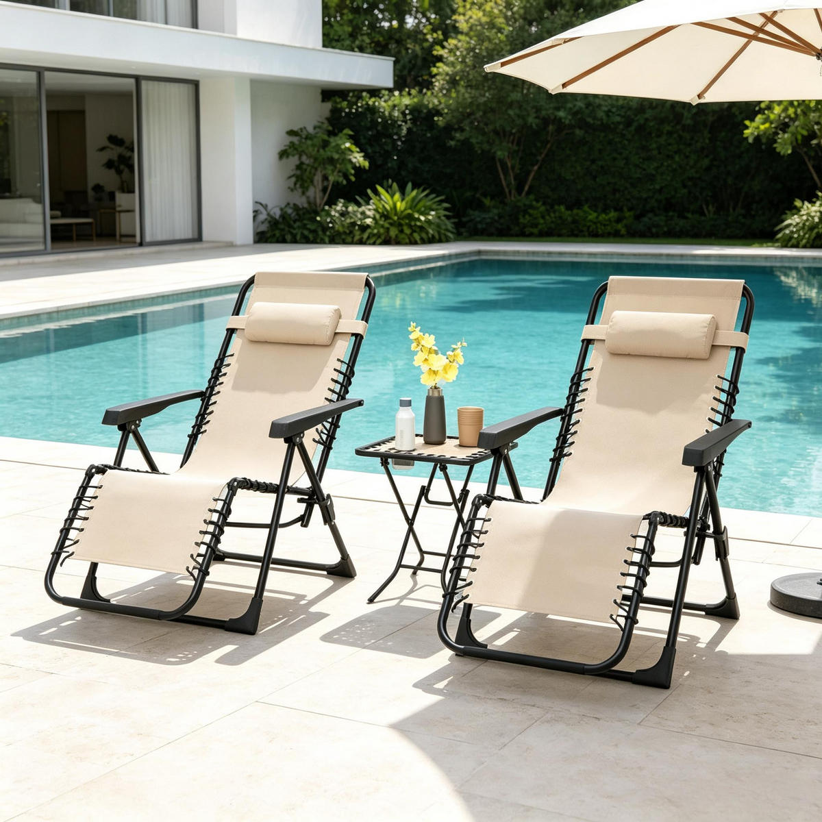 GARTENMÖBEL,2 Liegestühle+1 Tisch - Beige, Metall - Vallsero