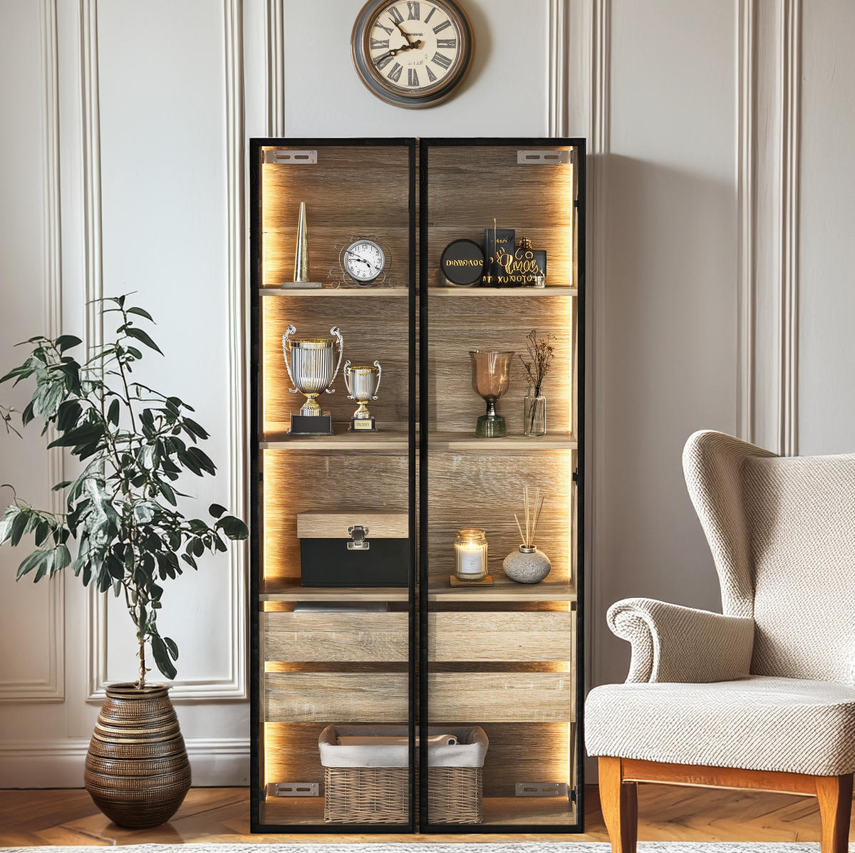 VITRINE in Naturfarbe Highboard mit Lichtleiste und Schubladen für Badezimmer, B74/T36/H155 cm - Transparent/Naturfarben, Glas/Holzwerkstoff (74/155/36cm) - STILVORA