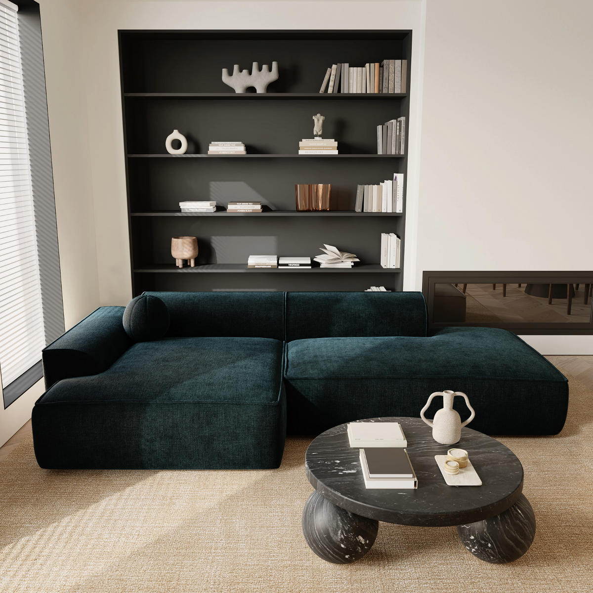 ECKSOFA LINKS Samt Pfauenblau 300cm - Blau/Hellblau, Textil (155/300cm) - Sia Home