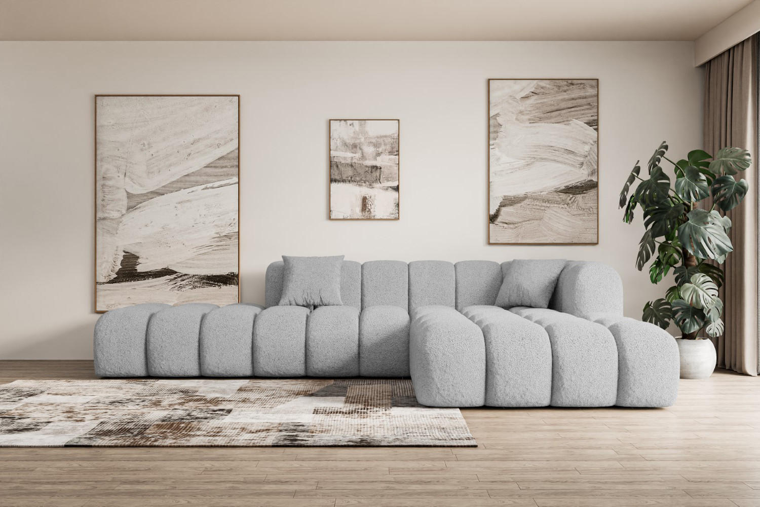 ECKSOFA Ottomane Rechts OLEA-L2 - 289x176x71 cm Hellgrau Bouclé - Hellgrau/Schwarz, Holzwerkstoff/Kunststoff (289/176cm) - ALTDECOR