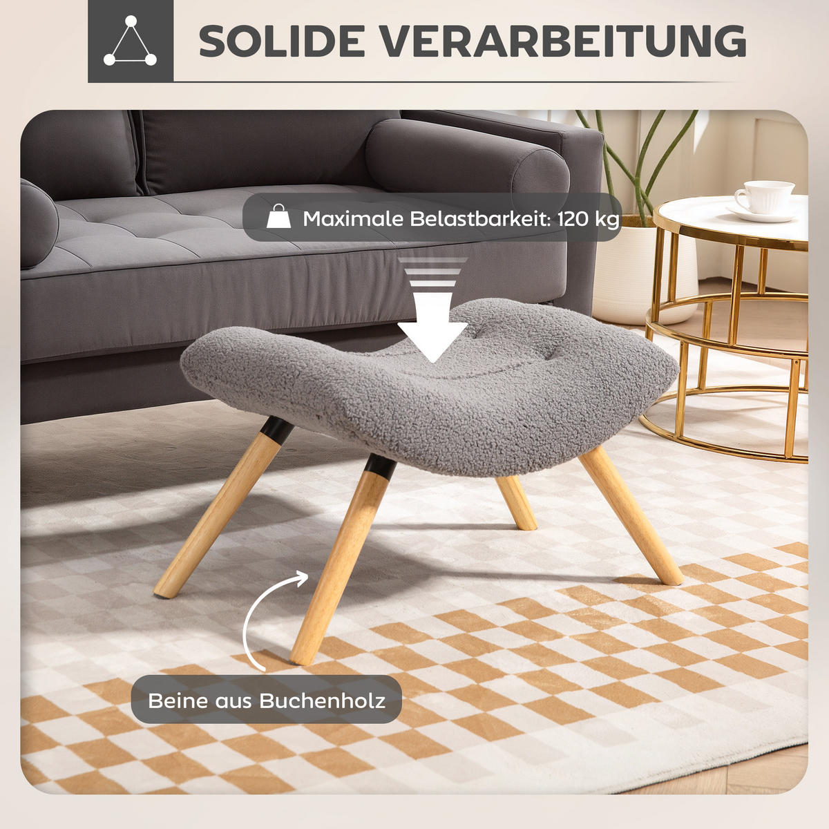 FUSSHOCKER DE-07157 ergonomisch, Berberfleece, Holzbeine Hellgrau - Hellgrau, Holz/Textil (45/38/67cm) - ComfortXL