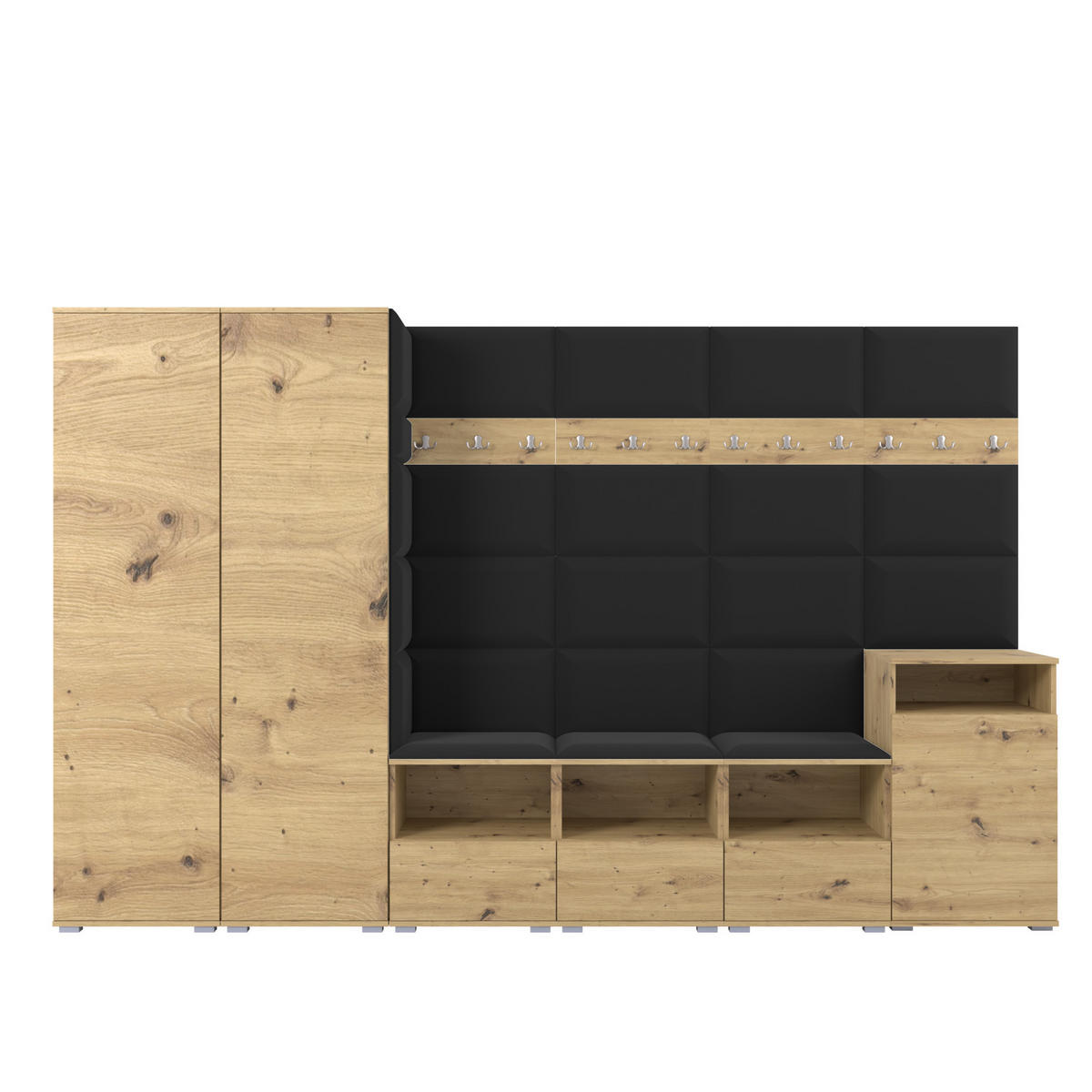 GARDEROBE NELA XII 300 cm (Modulare Flurmöbel Artisan Eiche mit Sitzpolster Schwarz 16 Gigantisches Set) - Silberfarben/Schwarz, Holz/Holzwerkstoff (300/187/40cm) - Ravio