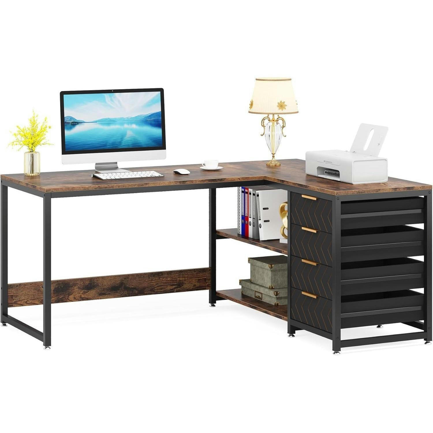 SCHREIBTISCH L-Form mit 4 Schubladen und 2 Ablagen braun 150 x 110 x 75 cm - Braun, Holzwerkstoff (150/110/75cm)