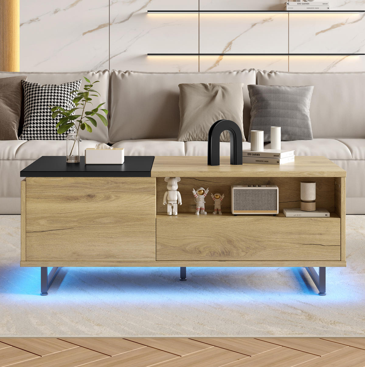 COUCHTISCH 103,5/50/27,5 cm mit Lift-Top, LED-Bodenlicht und Stauraum, Holzwerkstoff/Metall, Natur - Naturfarben, Holzwerkstoff (103.5/50/27.5cm) - Redom