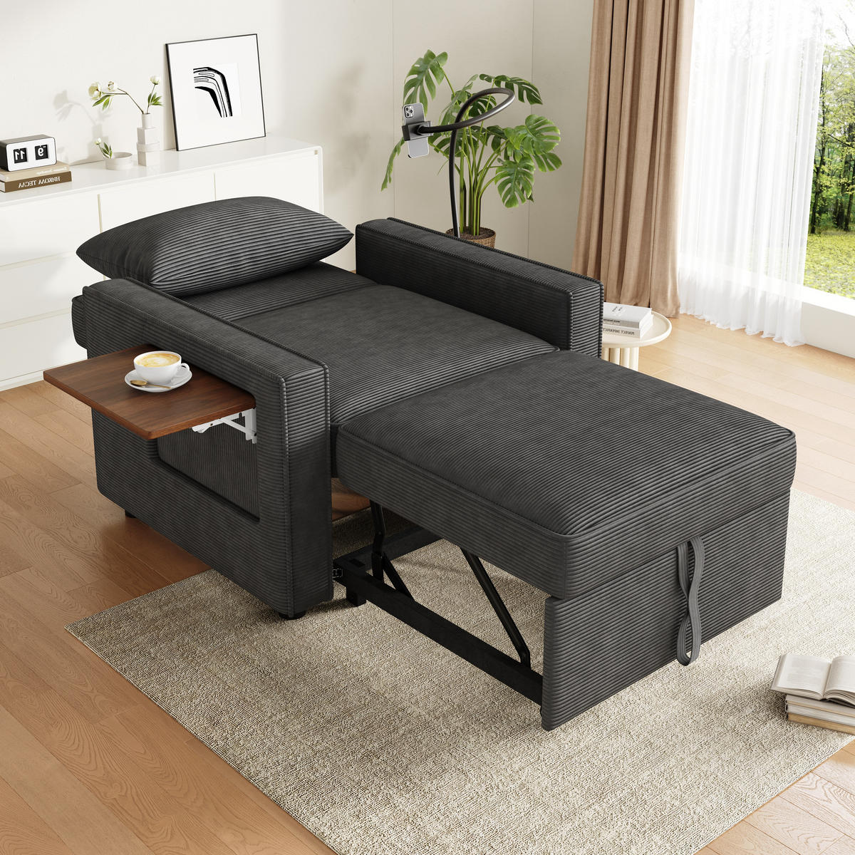 SCHLAFSESSEL mit USB-Ladeanschluss und Handyhalter Cord Grau 93/150/85 cm - Grau, Textil (93/85/150cm) - OKWISH