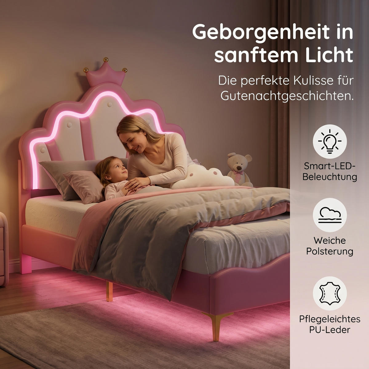 KINDERBETT 90 x 200 cm mit LED-Beleuchtung und höhenverstellbarem Kopfteil - Goldfarben/Rosa, Leder/Holz (90/200cm) - PARAFTA HOME