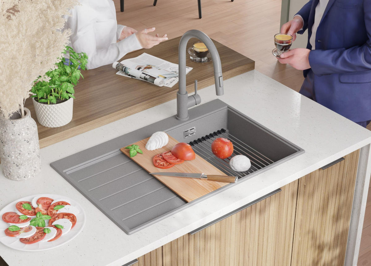 SPÜLBECKEN Sydney, 2-er set Grau 78/50 cm 1 Becken + Ablauf-Set + Küchenzubehörset ab 45er Unterschrank - Chromfarben/Beige, Kunststoff (78/20/50cm) - Primagran