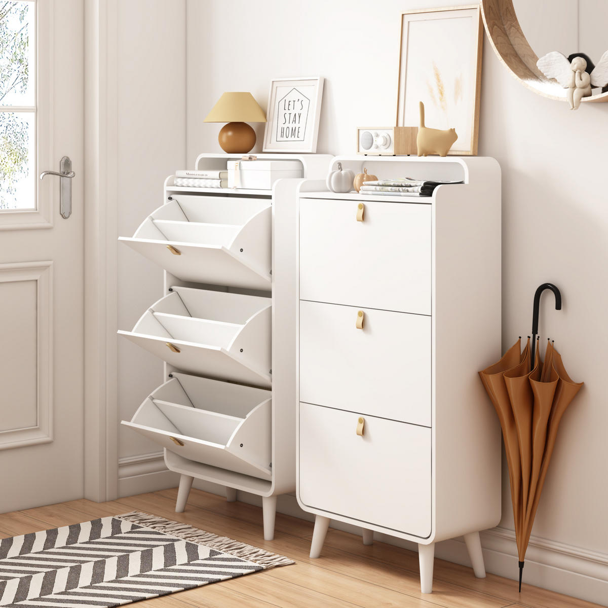 SCHUHSCHRANK 63/30/134 cm weiß aus MDF und Melamin mit 3 Klapptüren und oberem Ablagefach - Weiß, Holzwerkstoff (63/133.7/29.5cm) - OKWISH