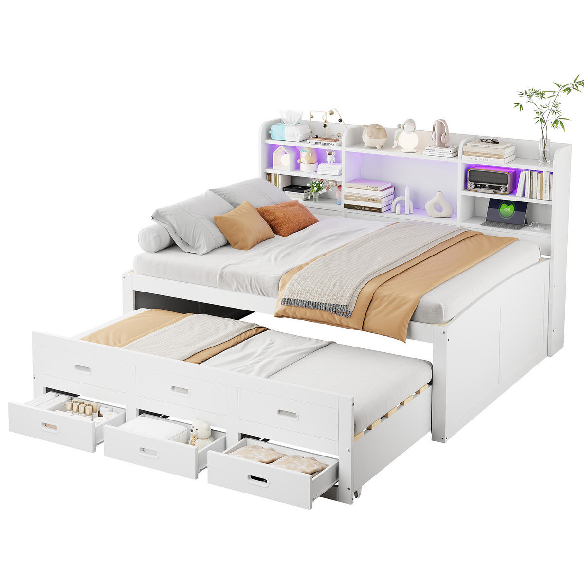 TAGESBETT 140x200cm Weiß LED Schubladen USB-C Nachttisch Klappbar Ausziehbar - Weiß, Holz (140/200cm) - FLIEKS