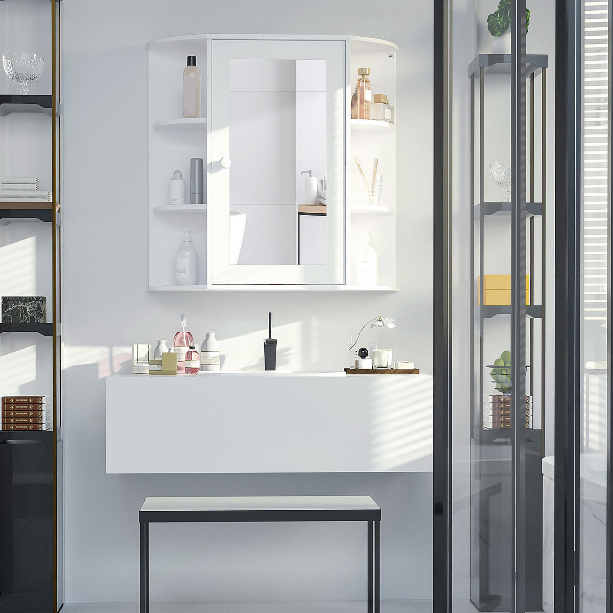 BADSPIEGELSCHRANK 66x17x63 cm Weiß aus Spanplatte mit Spiegeltür & offenen Regalen - Weiß, Holzwerkstoff (66/63/17cm) - Modfu