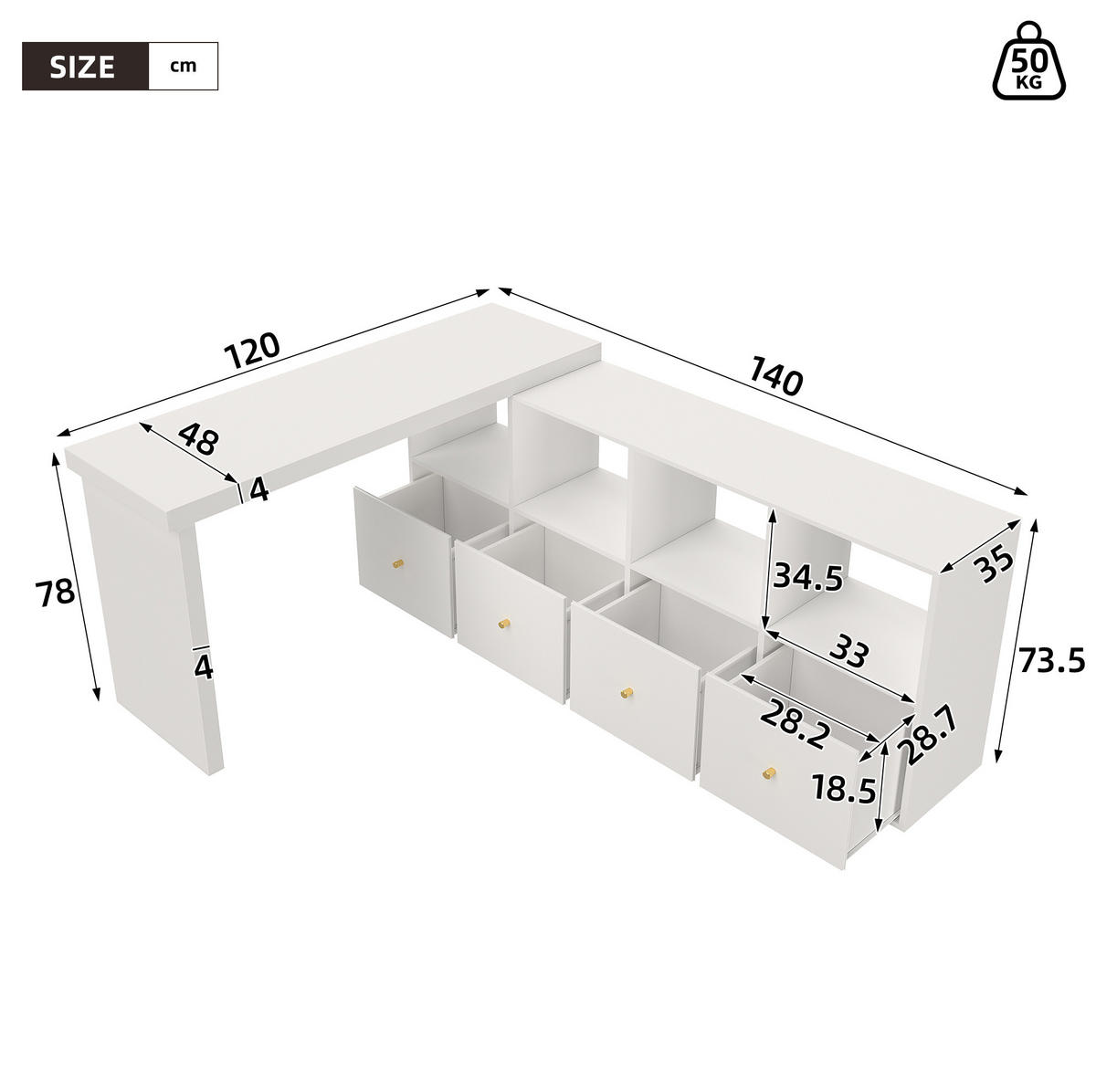 PISAĆI stol od MDF-a 140x35x74 cm bijela s okretnom pločom 360°, 4 pretinca, 4 ladice i zaštitom od prevrtanja - bijela, drvni materijal (140/74/35cm) - Modfu