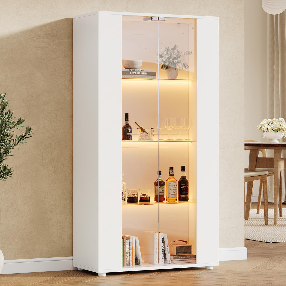 VITRINE 80x36x150 cm Weiß mit LED und 2 Türen - Weiß, Holzwerkstoff (80/150/36cm) - FLIEKS