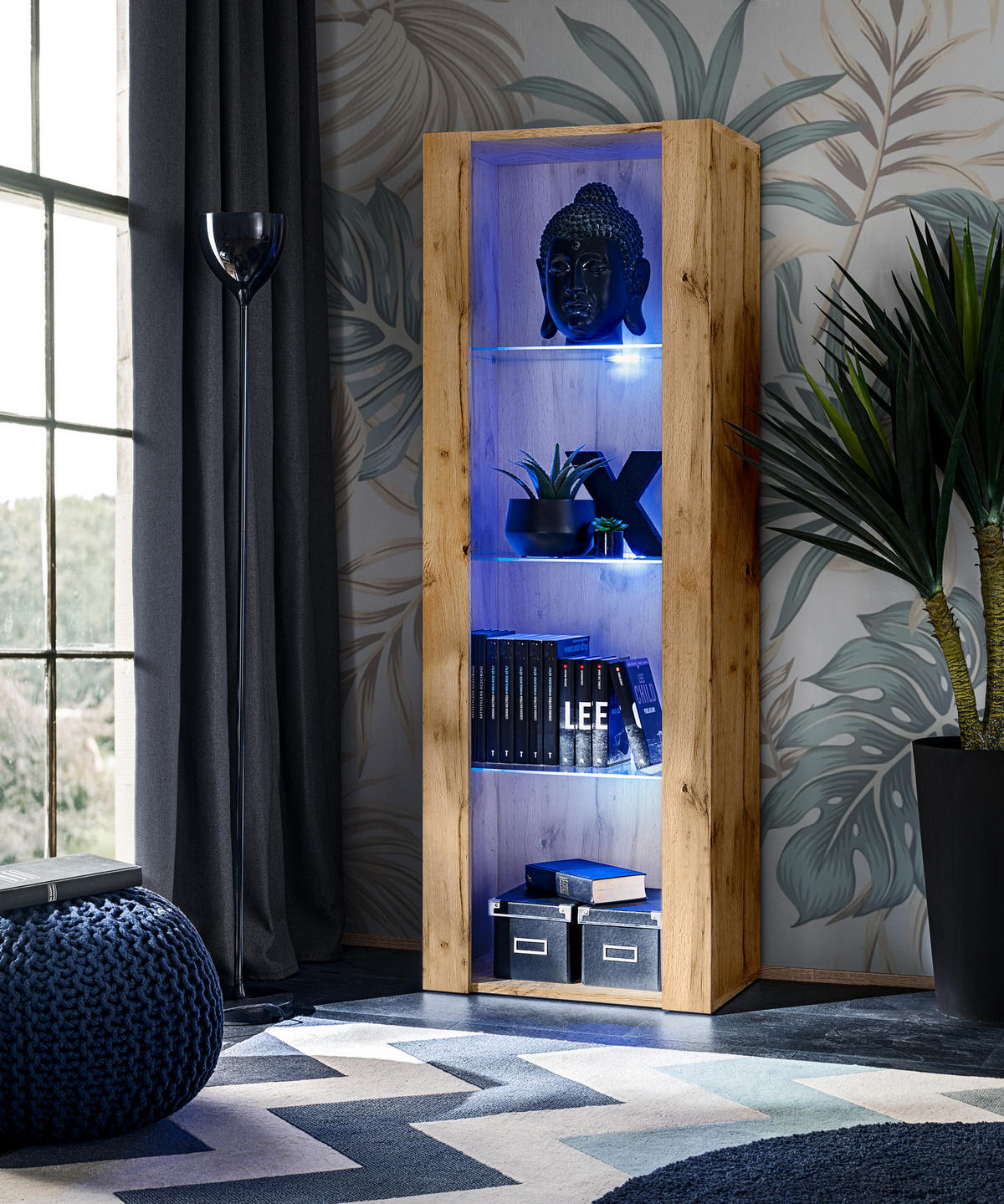 VITRINE TIVOLI, Eiche Wotan + Eiche Wotan, LED Blau - Eiche Wotan, Glas/Holzwerkstoff (55/159/35cm) - Komodee