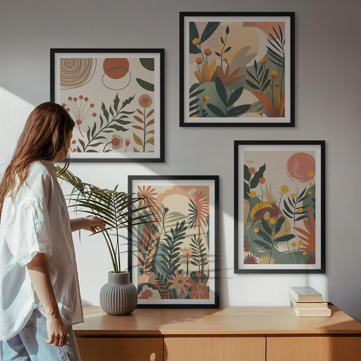 BILDER SET 4er Set - 50x50 cm & 40x60 cm Schwarzer Rahmen - Pastellfarbene Pflanzenmuster - Schwarz, Kunststoff (50/50cm) - TULUP