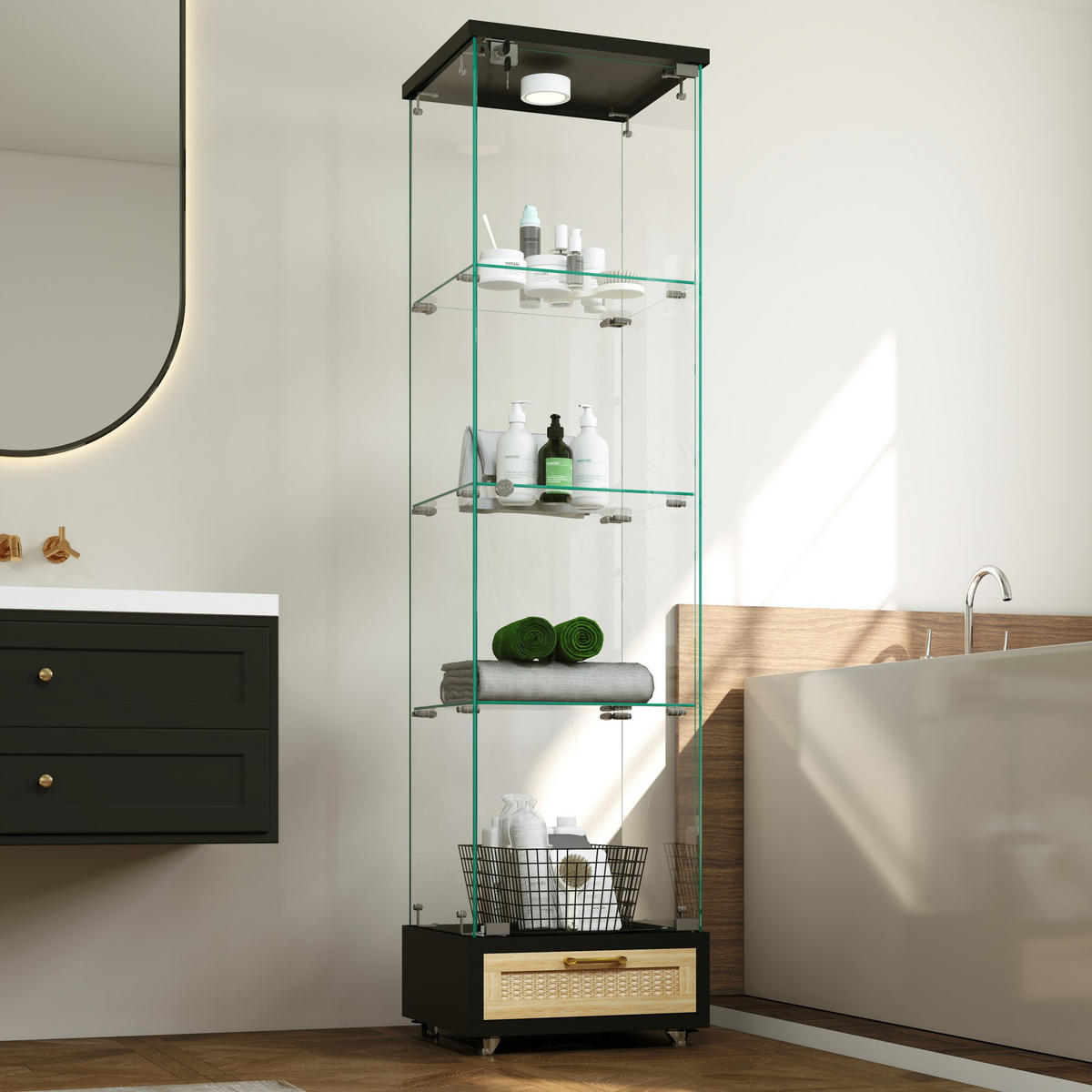 VITRINE aus MDF und Glas 36,5x42,5x167 cm Schwarz mit LED-Beleuchtung, Rollen und abschließbarem Stauraum - Schwarz, Holzwerkstoff (42.5/167/36.5cm) - Modfu