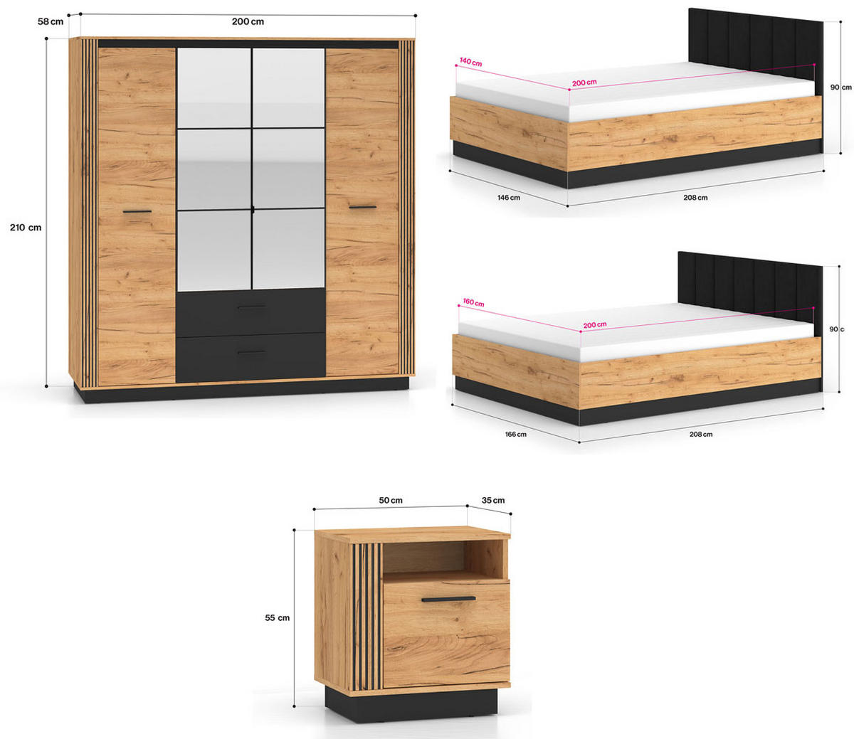 SCHLAFZIMMER-SET 4-teilig Urso Gold Craft Eiche / Schwarz - Schwarz/Braun, Holz/Holzwerkstoff (140/200cm) - Feldmann-Wohnen