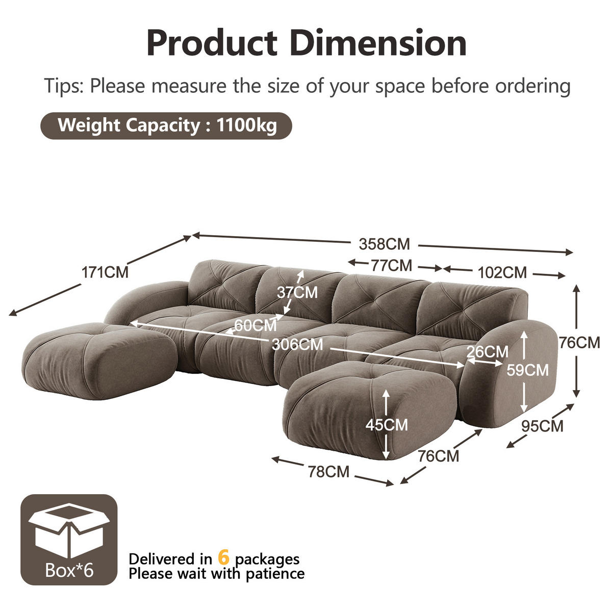 WOHNLANDSCHAFT Chenille Taupe mit 2 Hocker - Braun, Textil (358/76/171cm) - WISHDOR