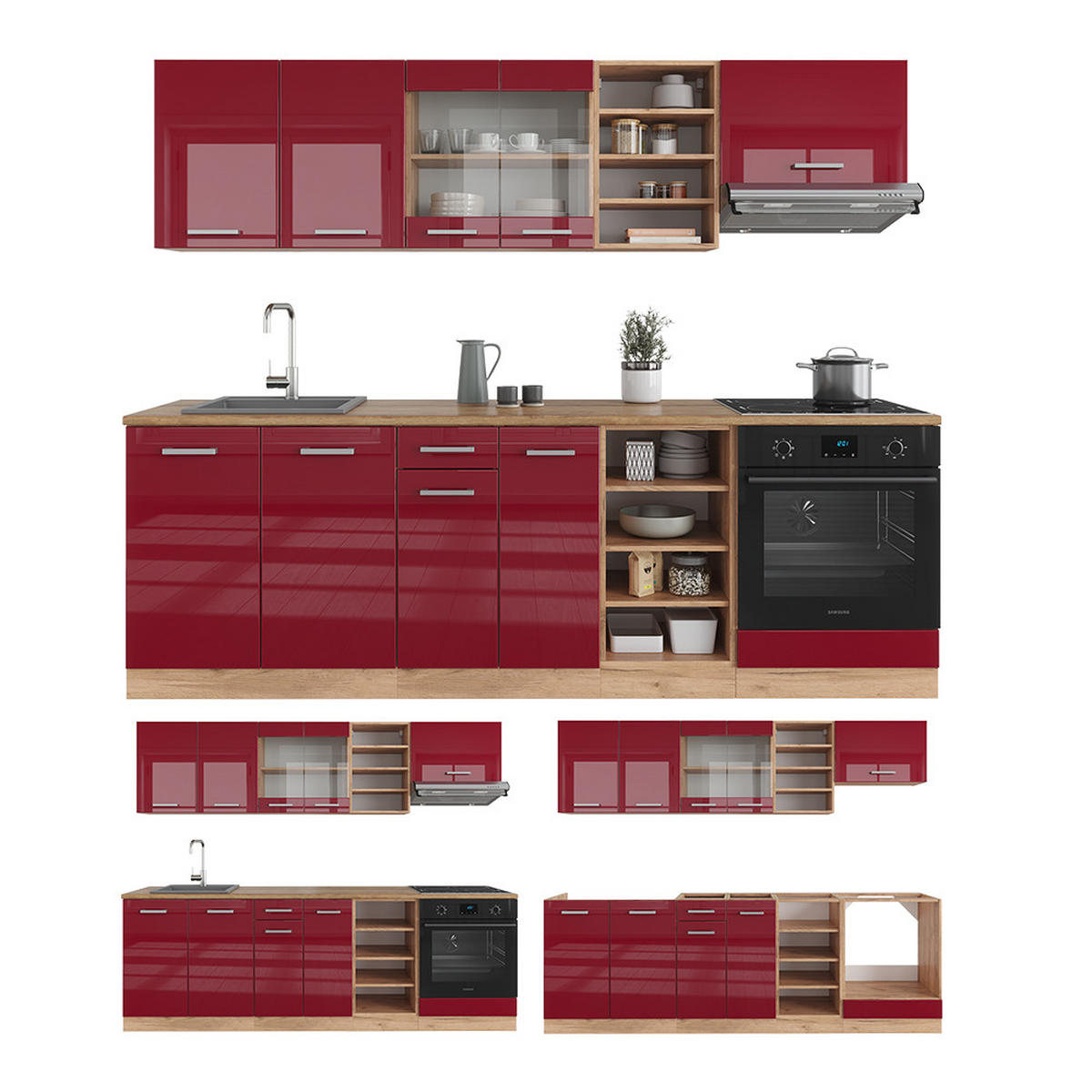 KÜCHENZEILE R-Line Bordeaux Hochglanz/Goldkraft Eiche 240 cm, AP Eiche - Bordeaux/Eiche Wotan, Holzwerkstoff (240/81.6/60cm) - Vicco