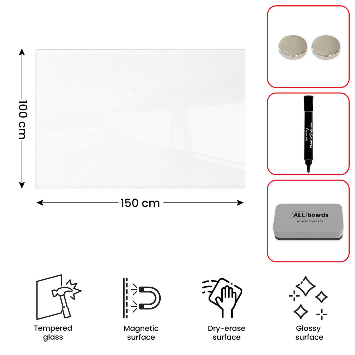 GLASBOARD - Premium SUPERWHITE Perlweiß 150x100cm - Weiß, Glas (150/100/0.8cm) - ALLboards
