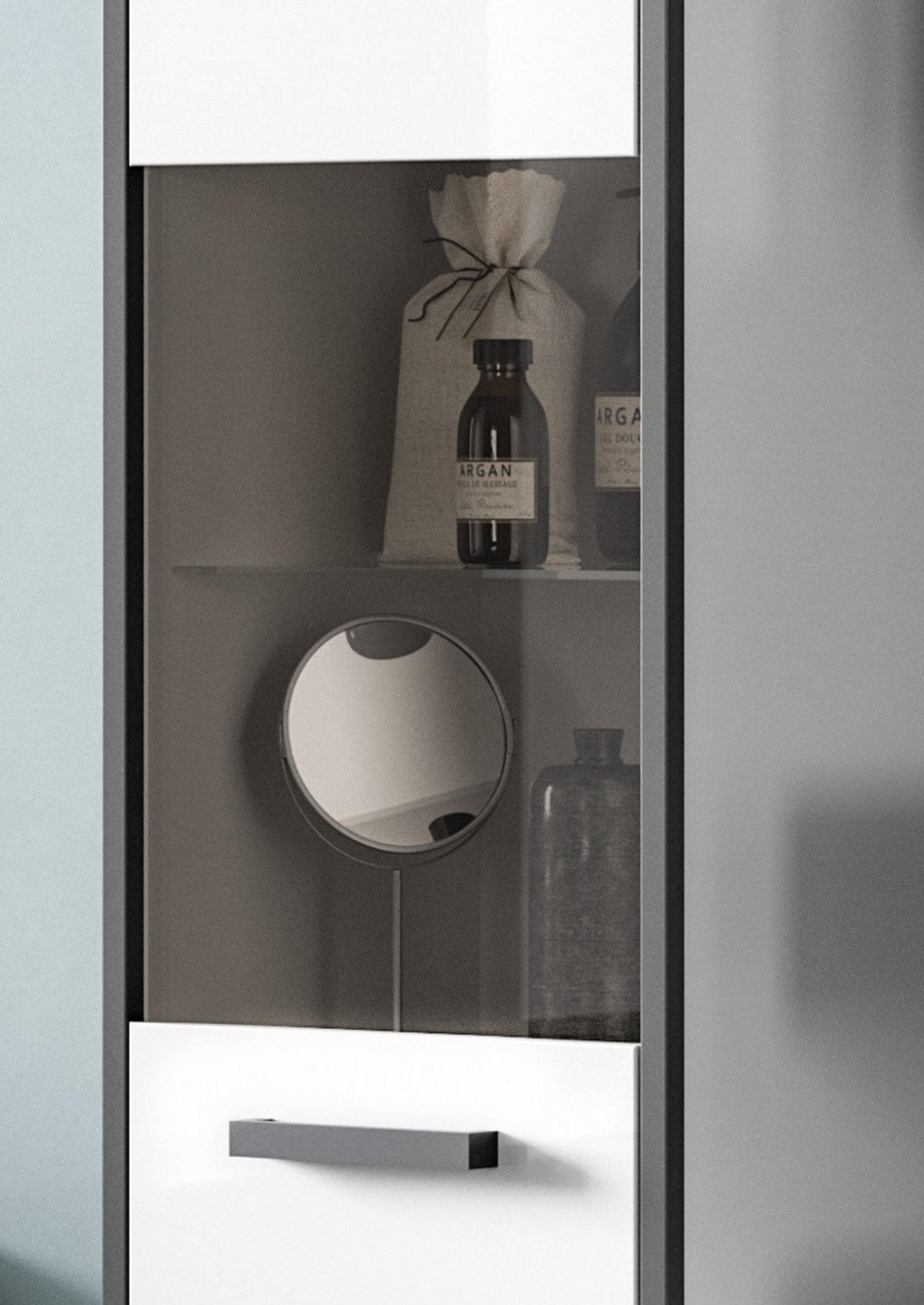 HOCHSCHRANK weiß Hochglanz, grau 40 cm, Badschrank, Türanschlag wechselbar - Weiß Hochglanz/Schwarz, Glas/Holzwerkstoff (40/188/34cm) - Inn.Furn