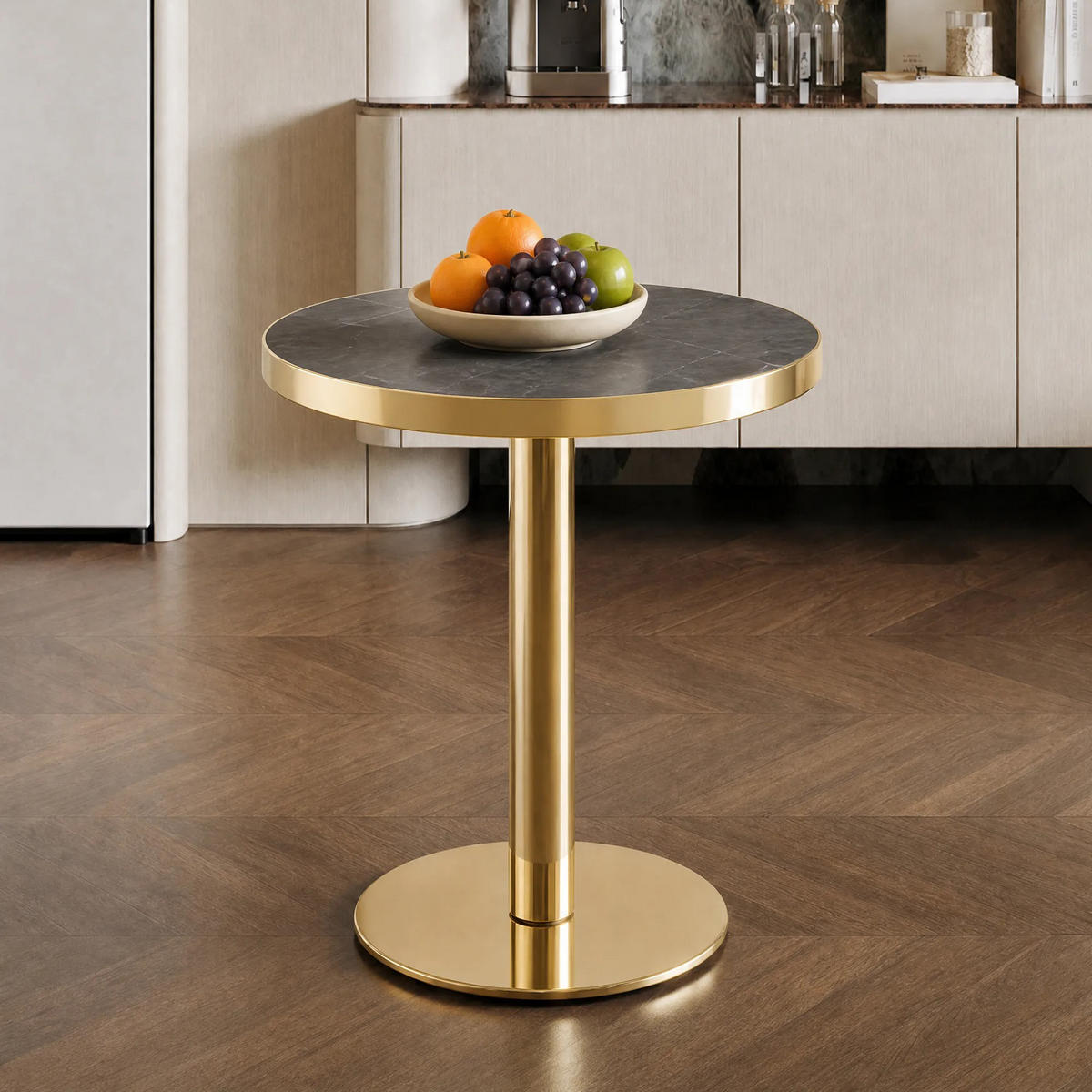BEISTELLTISCH rund Grau/Gold Marmoroptik Edelstahlgestell - Goldfarben/Grau, Holzwerkstoff (60/60/73.3cm)
