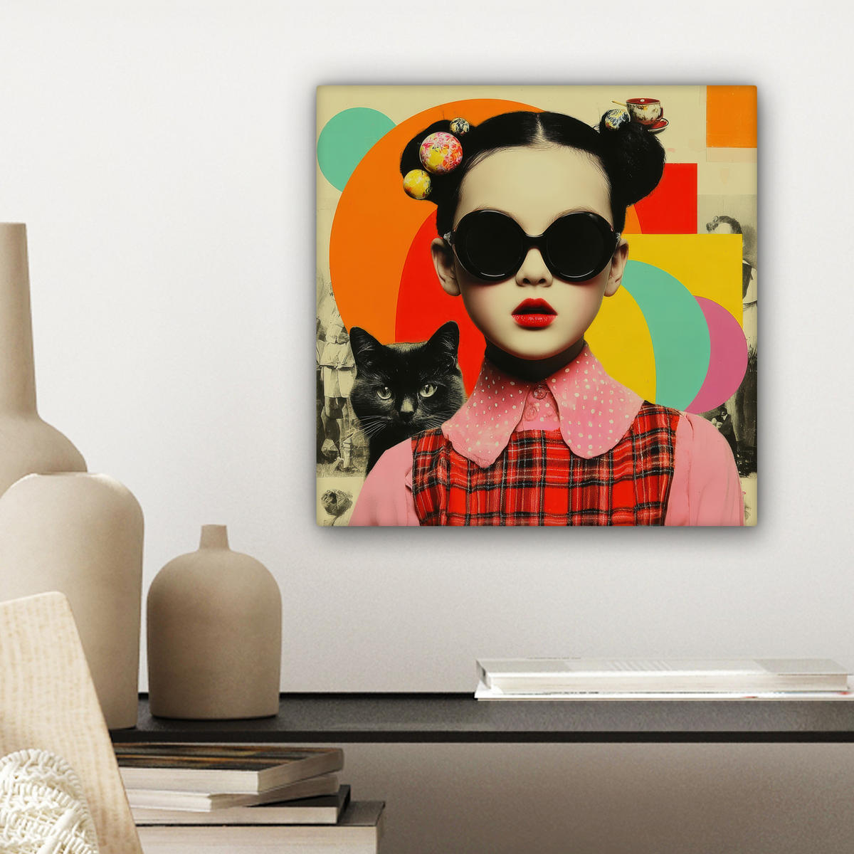 LEINWANDBILD Mädchen - Sonnenbrille - Katze - Retro Deko Wohnzimmer 20x20 cm - Beige, Textil (20/20cm) - MuchoWow