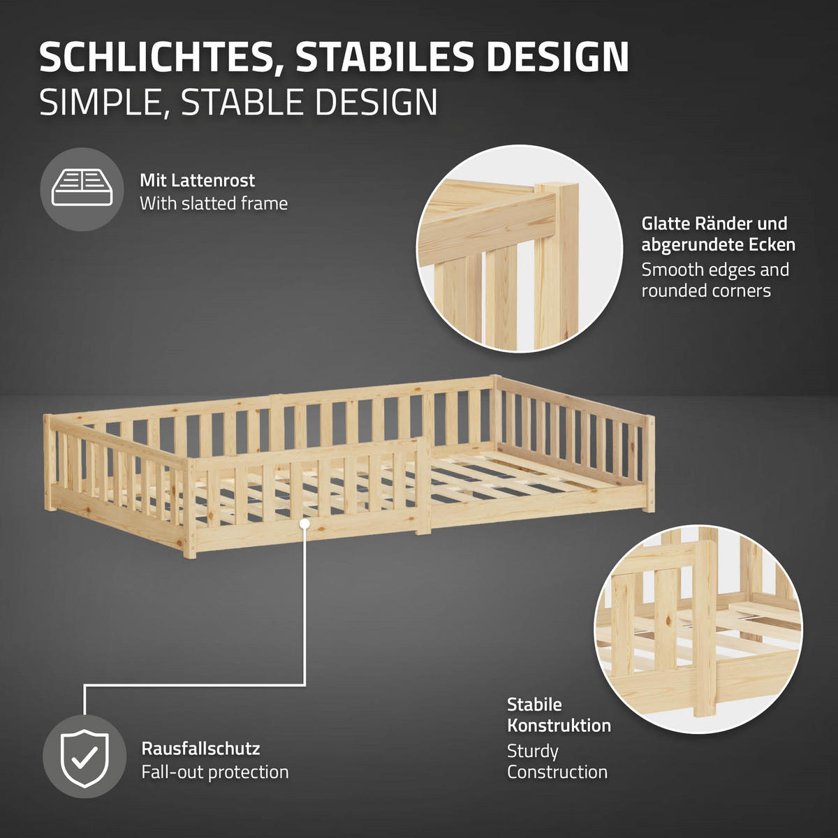 KINDERBETT 120x200 cm Natur aus Kiefernholz - Naturfarben, Holz (200/120cm) - ML-DESIGN