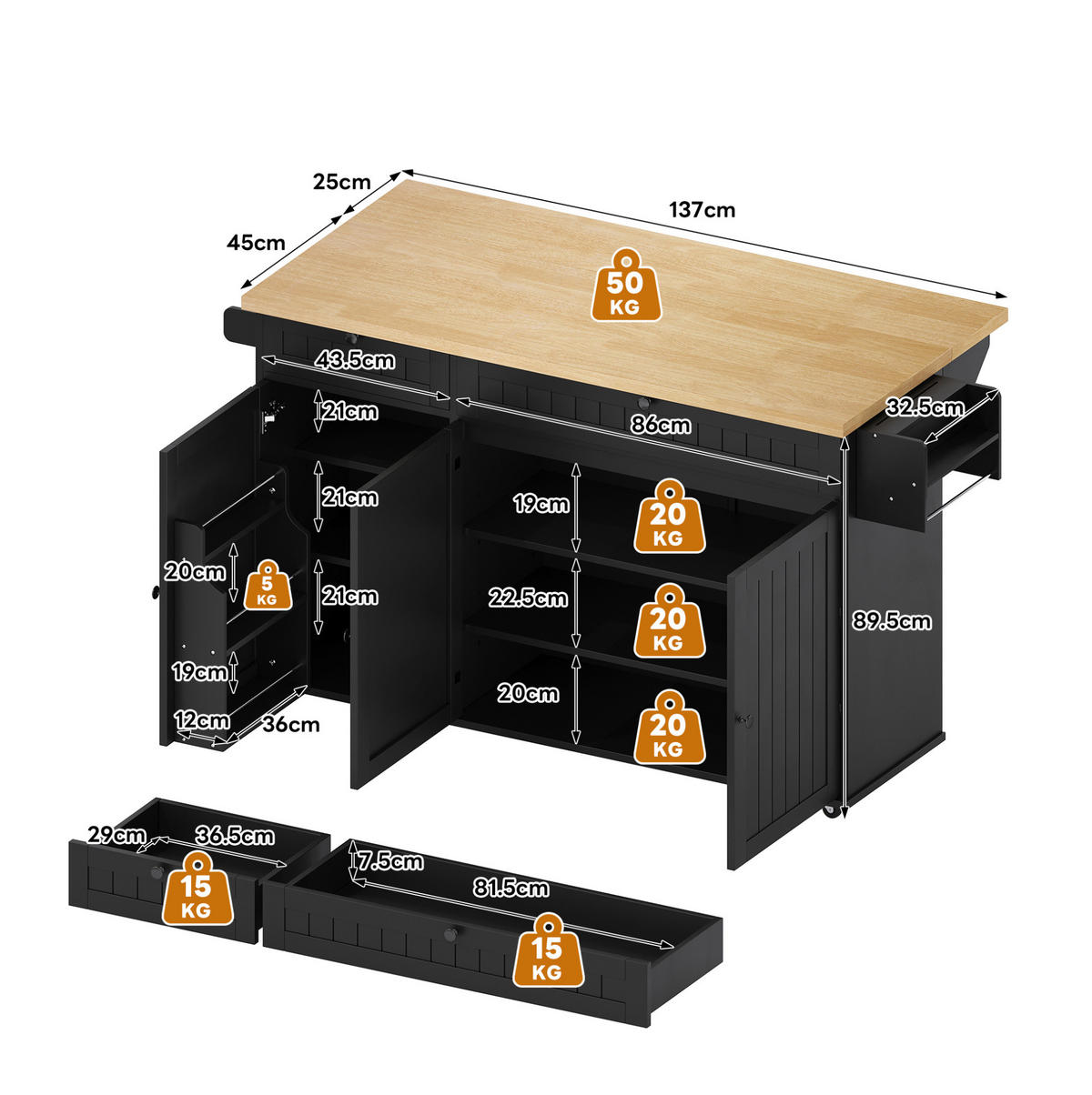 KÜCHENINSEL mit klappbarer Arbeitsplatte 137 cm MDF Natur/Schwarz - Schwarz, Holz (70/89.5/137cm) - Beauniv