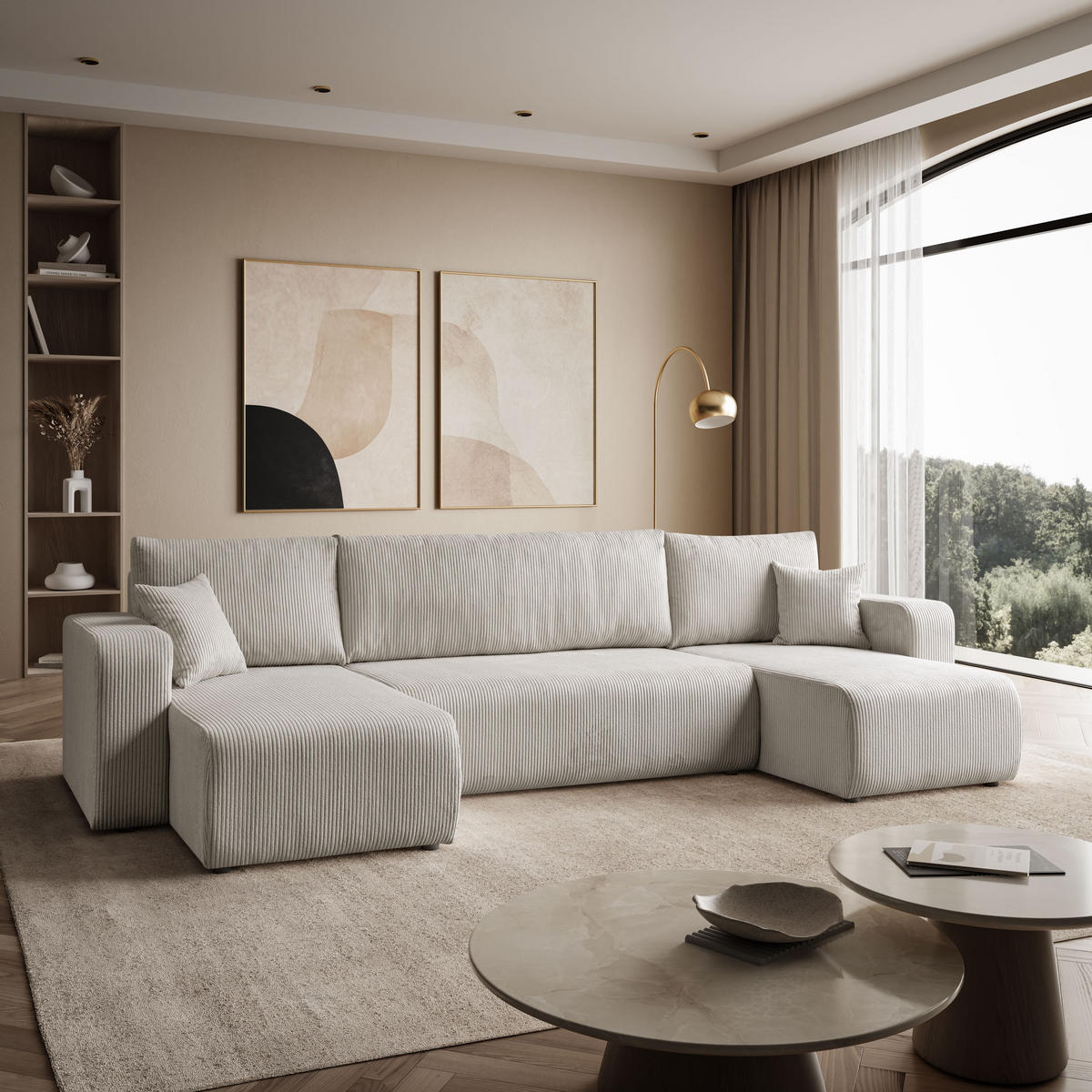 ECKSOFA PRESTIGE U mit Schlaffunktion, Poso 100 - Ecru, Textil (317/83/143cm) - Lookway