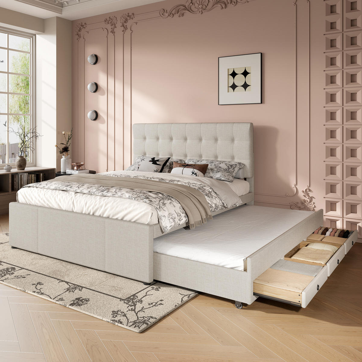 POLSTERBETT 140/200 cm mit Polsterbett und 3 Schubladen, Beige - Beige, Textil (140/200cm) - Flora Grace