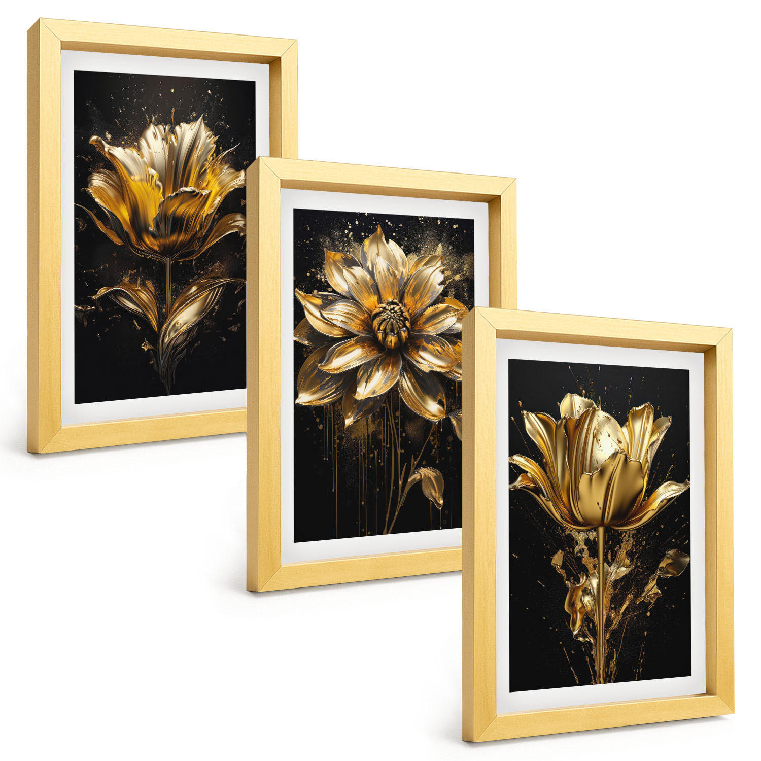 BILDER SET 3er Set - 20x30 cm Goldrahmen - Gelbe Blüten auf dunklem Hintergrund - Goldfarben, Kunststoff (20/30cm) - TULUP