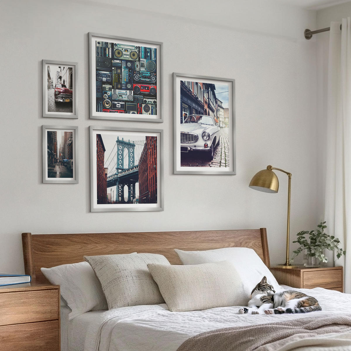 WANDBILDER 5er Set - 50x50 cm & 20x30 cm & 40x60 cm Silberner Rahmen - Old Cars Brooklyn Retro-Audio - Silberfarben, Kunststoff (40/60cm) - ArtPrintCave