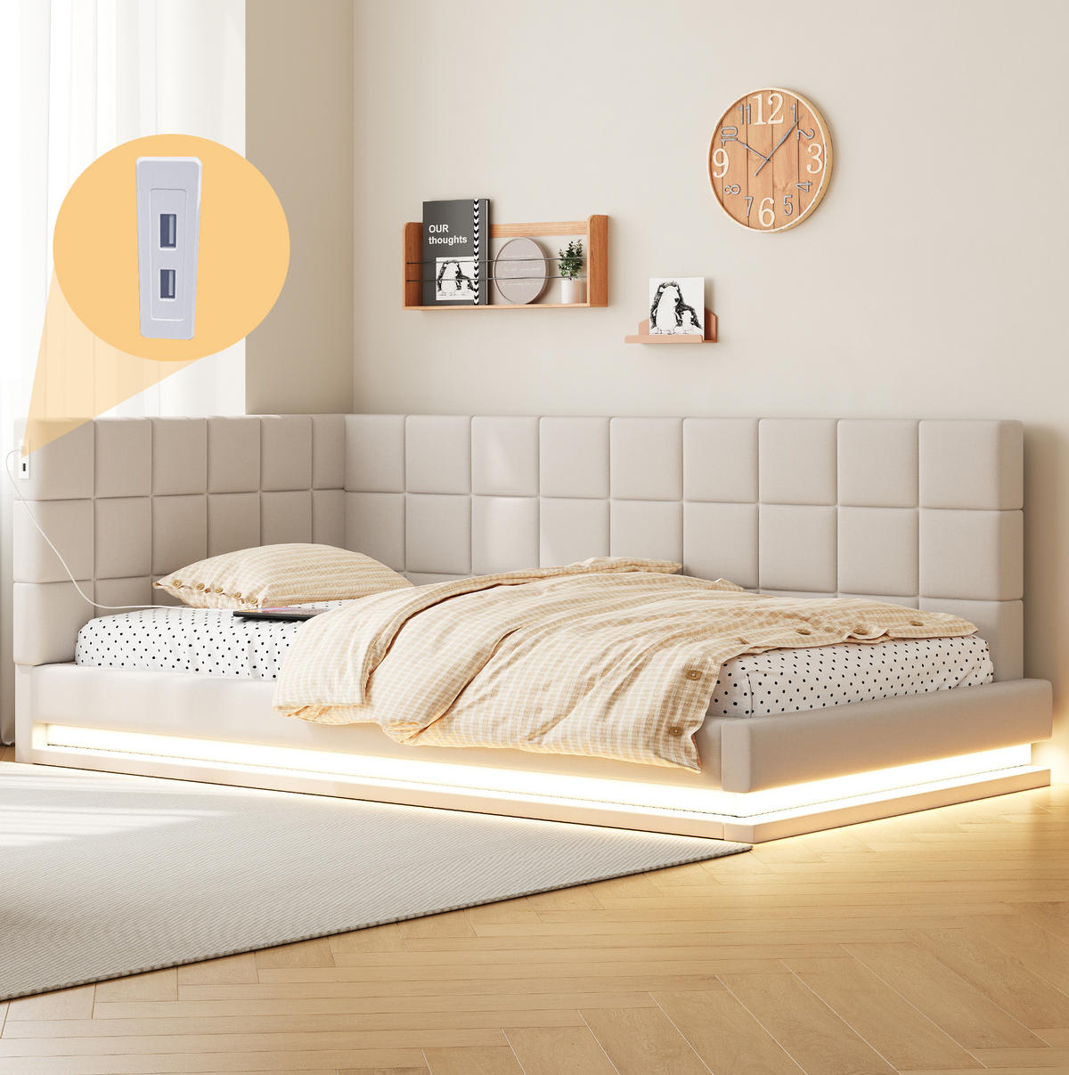 ČALÚNENÁ posteľ 90/200 cm s LED osvetlením, USB portom a lamelovým roštom, Béžová - béžová, textil (90/200cm) - Redom