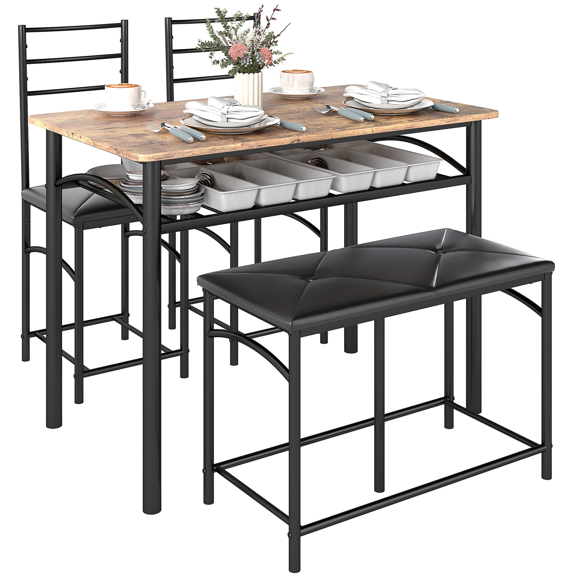 ESSGRUPPE, 4-tlg. Esstisch mit 2 Stühlen, Braun - Braun, Metall (100/74.5/60cm) - HOMCOM