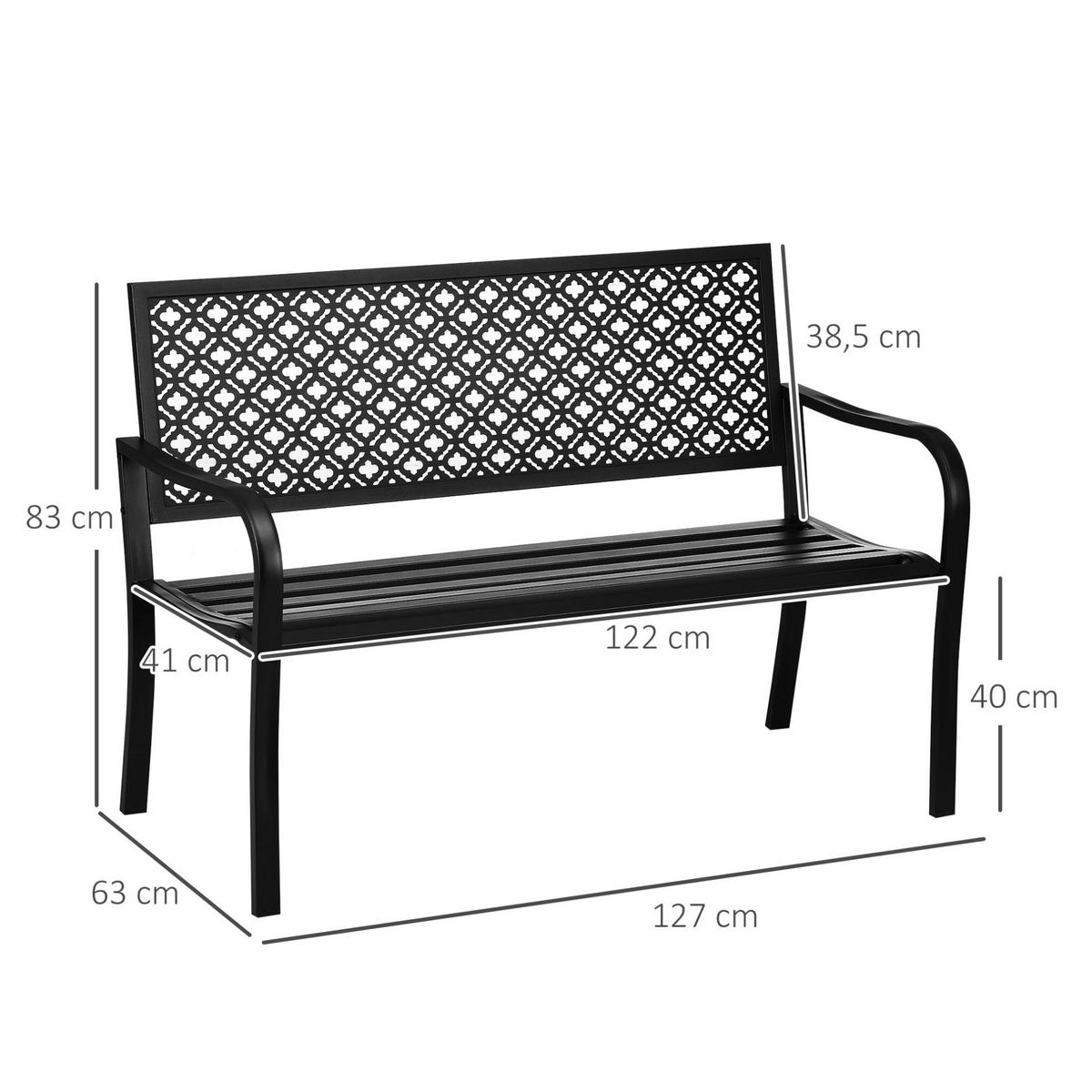 ZAHRADNÍ lavice 127/63/83 cm černá z oceli s opěradlem a područkami pro 2 osoby - černá, kov (63/83/127cm) - OKWISH