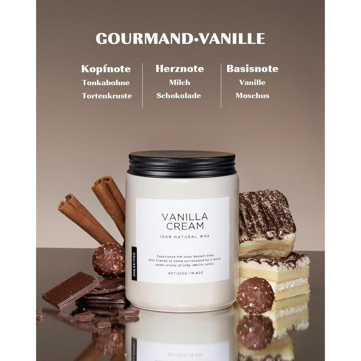 DUFTKERZE Vanille im Glas 550g 110 Stunden Brenndauer 2 Dochte - Creme, Paraffin (13cm)