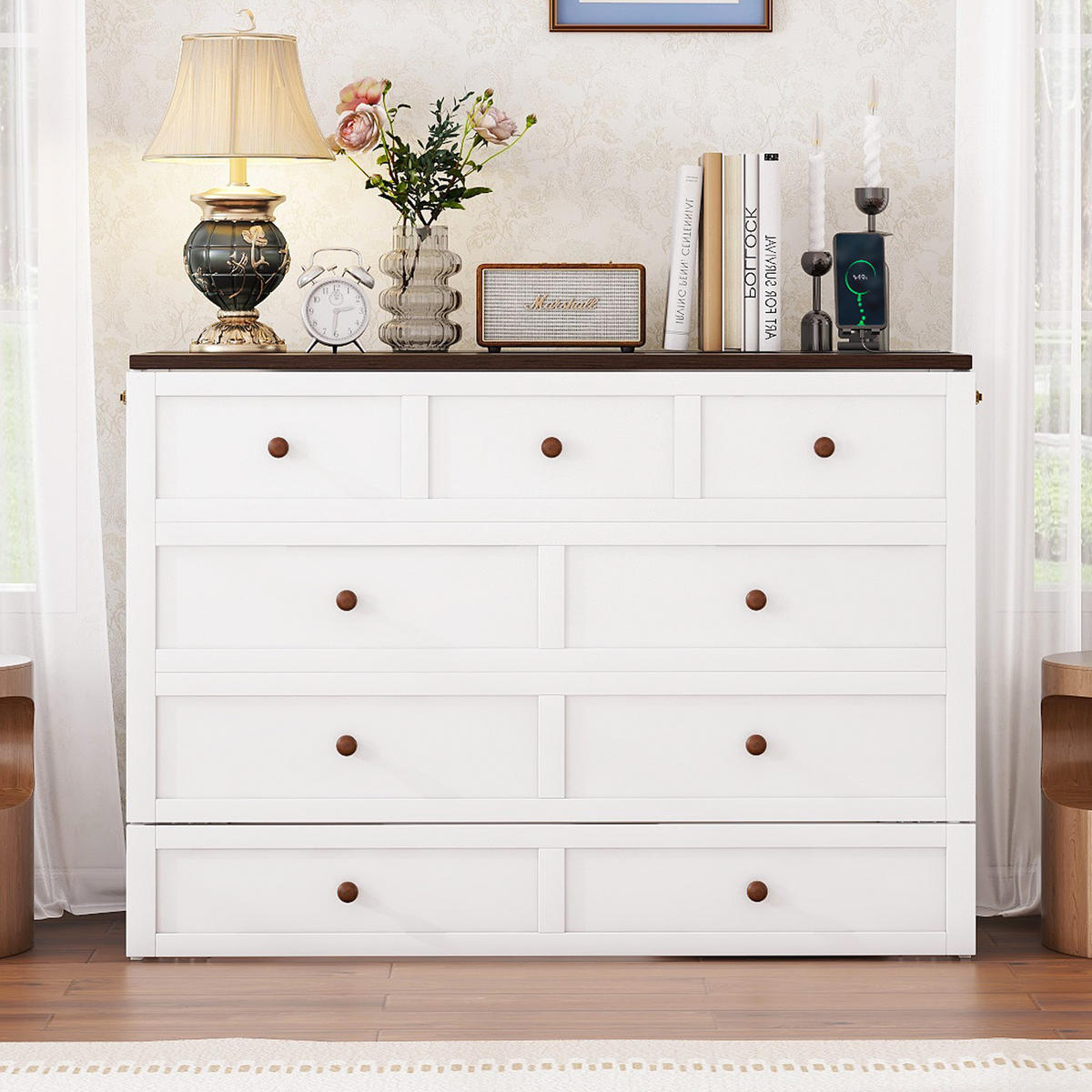 SCHRANKBETT 140x200cm Weiß mit Schubladen und Regal USB Steckdose - Weiß, Holz (140/200cm) - FLIEKS