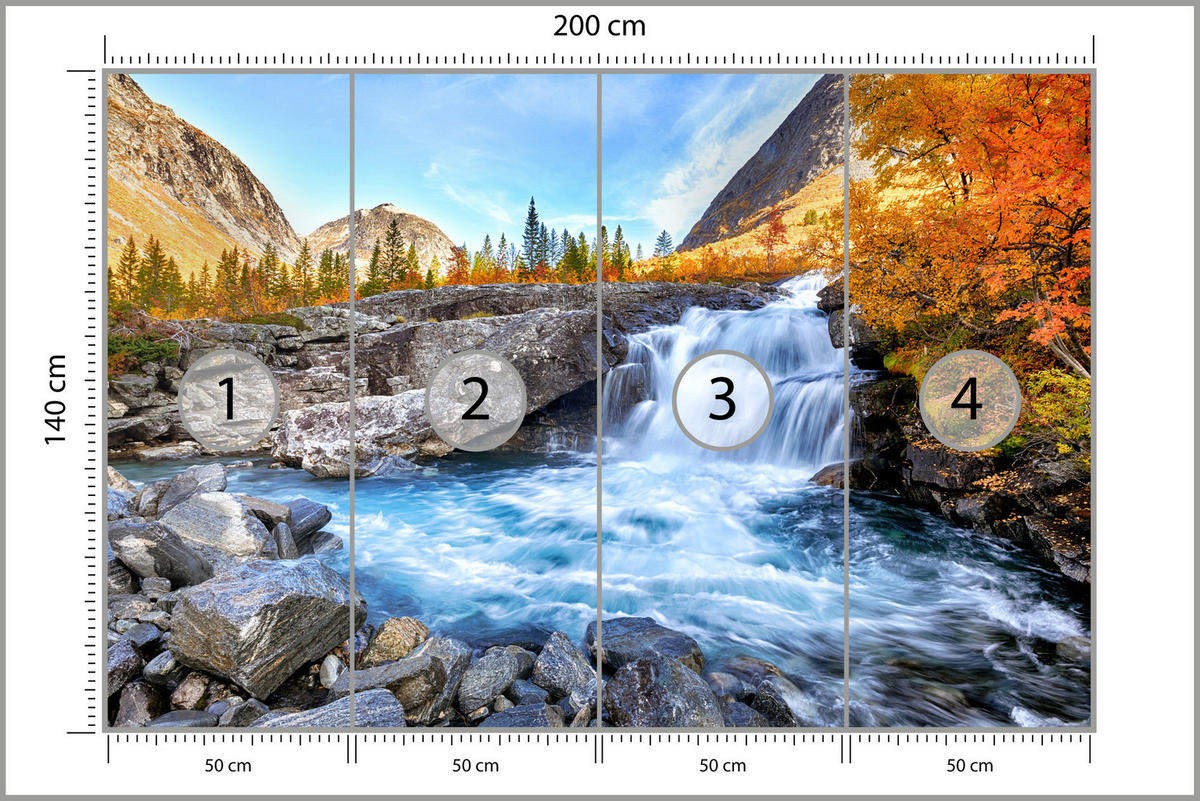FOTOTAPETE Wasserfall Berge Wald Felsen 3D 200x140 - Blau/Gelb, Papier (200/140cm) - Muralo