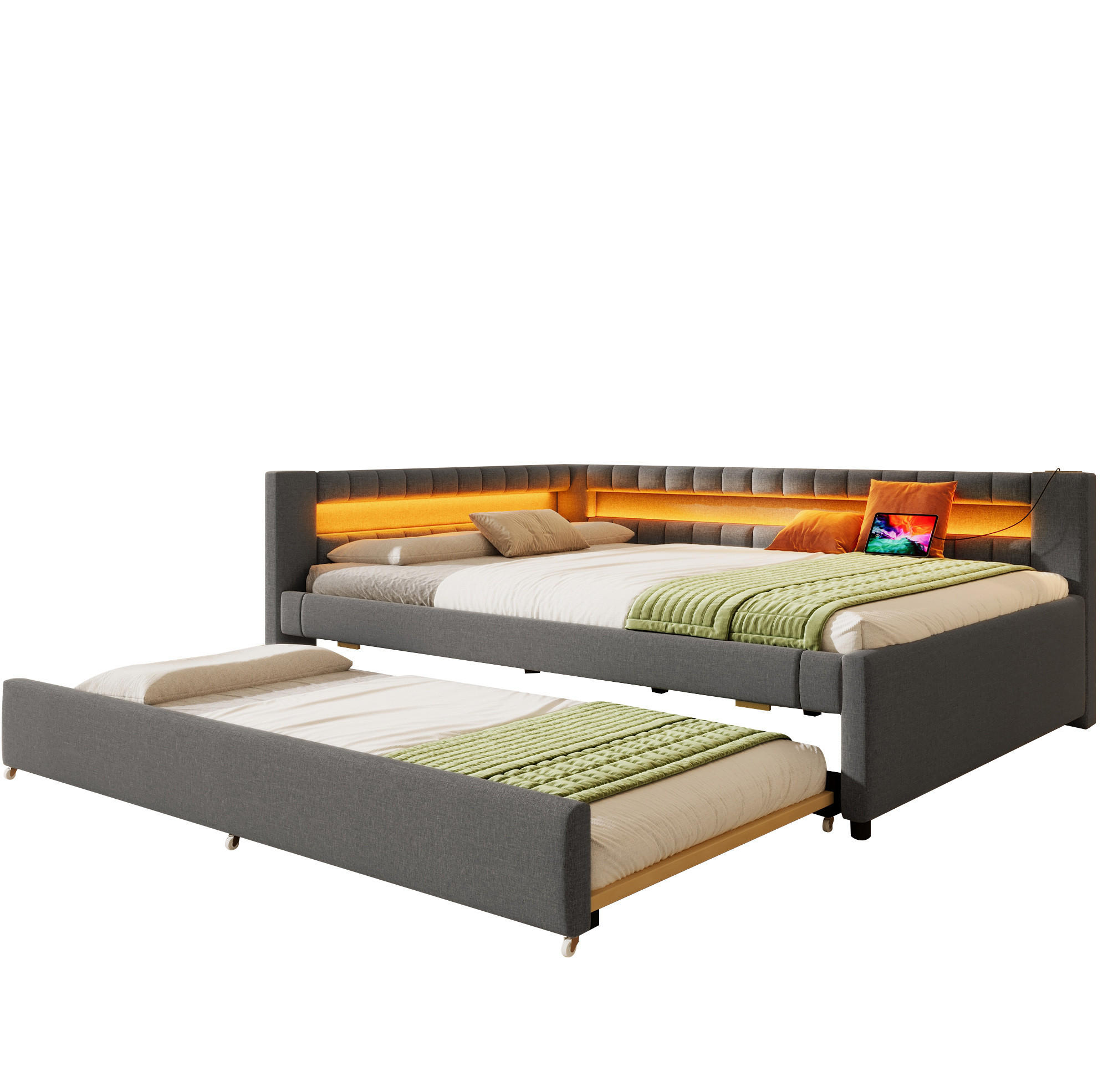 POLSTERBETT 140/200 cm Grau mit Ausziehbett LED-Beleuchtung und USB- und Type-C-Anschlüssen - Grau, Textil (140/200cm) - OKWISH