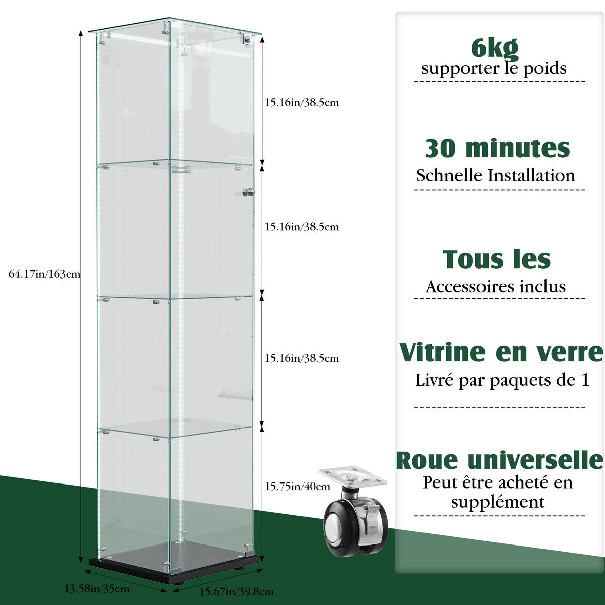 GLASVITRINE 163x40x35 cm Türen Schloss Regalböden LED Bar schwarz - Schwarz, Holz (39.8/163/35cm) - LEBENLANG