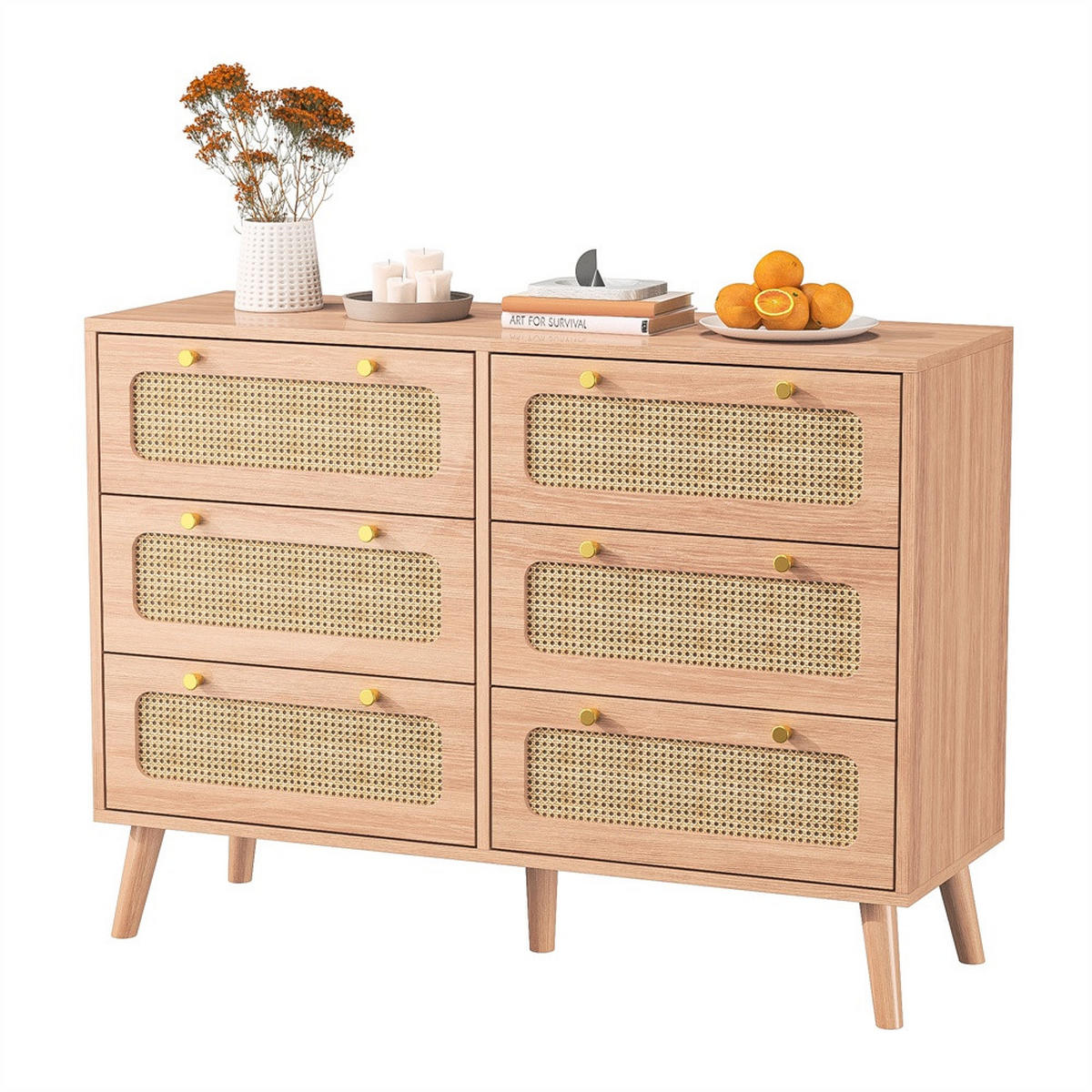KOMMODE mit 6 Schubladen - Beine aus Massivholz - Rattan-Kommode für Wohnzimmer und Schlafzimmer - Eiche - Eichefarben, Holzwerkstoff (100/73/34cm) - DELFA
