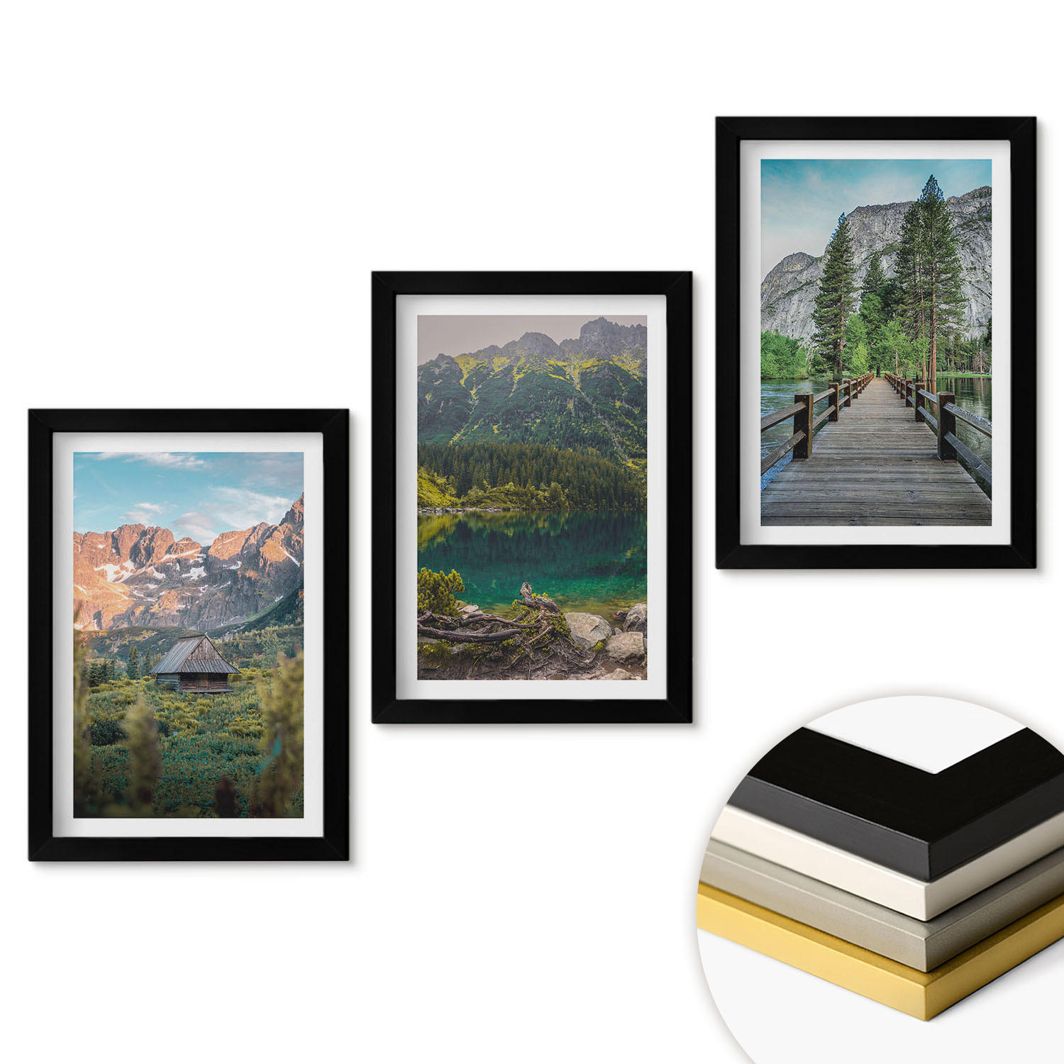 WANDBILDER 3er-Set - 20x30 cm Schwarzer Rahmen - Berglandschaft See Brücke - Schwarz, Kunststoff (20/30cm) - ArtPrintCave