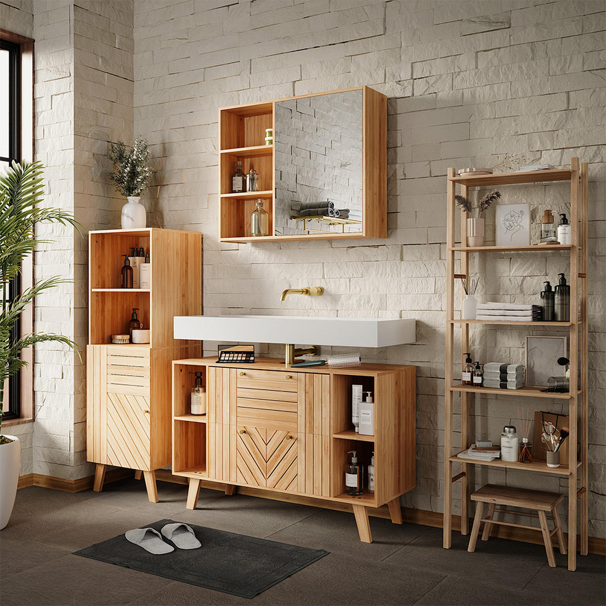 BADMÖBEL-SET Lucie Bambus 3 Teile - Grün, Holzwerkstoff (100/65/36cm) - Vicco