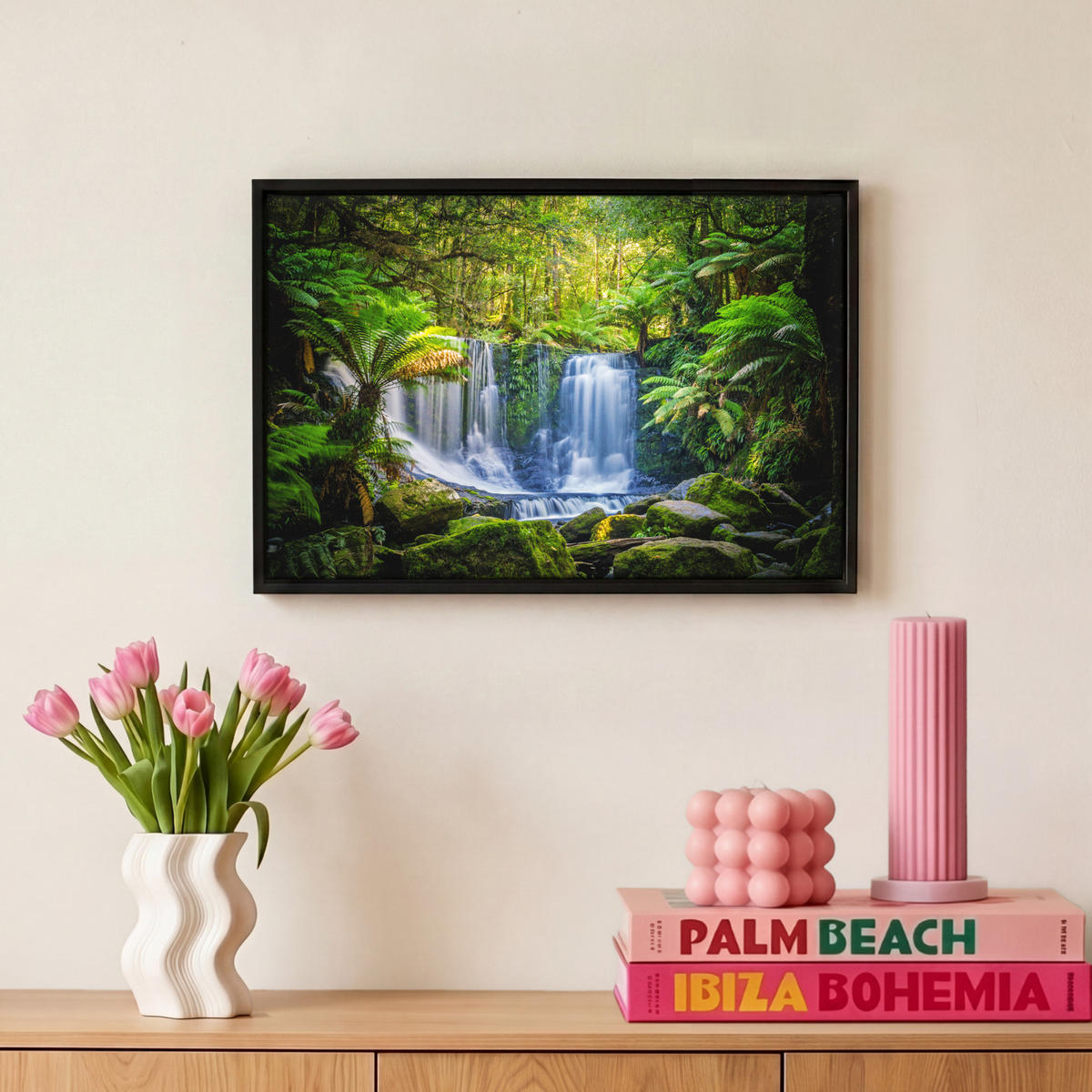 LEINWAND Bilder mit Rahmen - Dschungel - Wasserfall - Australien - Pflanzen - Natur - 30x20 - Dunkelgrün, Textil (30/20cm) - MuchoWow