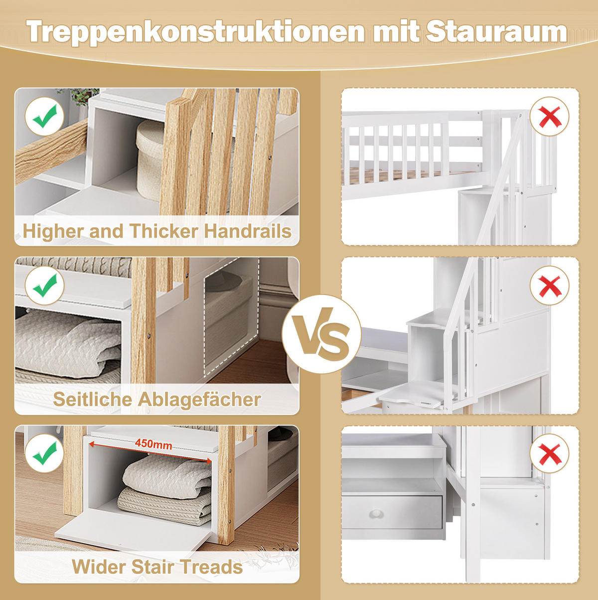 HOCHBETT 90/200 cm aus Kiefer und MDF mit LED, Stauraumleiter und Schreibtisch Weiß/Natur - Naturfarben, Holz (90/200cm) - Modenvie