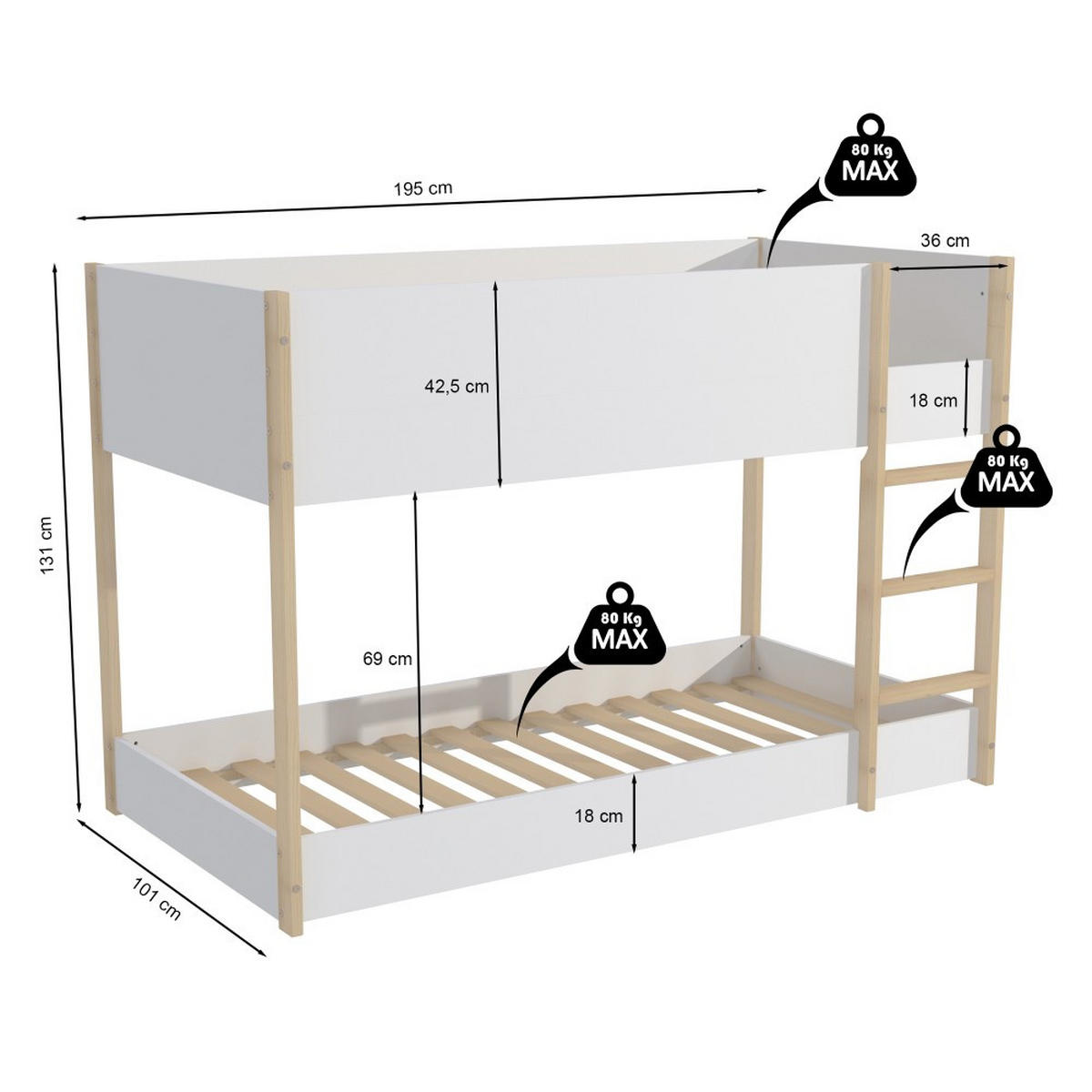 ETAGENBETT BOB / 90x190cm - Weiß und helles Holz - Hellbraun/Weiß, Holz (90/190cm) - Weber Industries